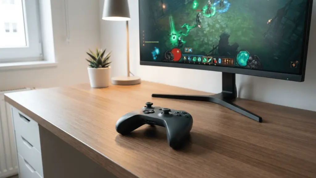 Gaming controller on a desk beside a monitor showing a game interface