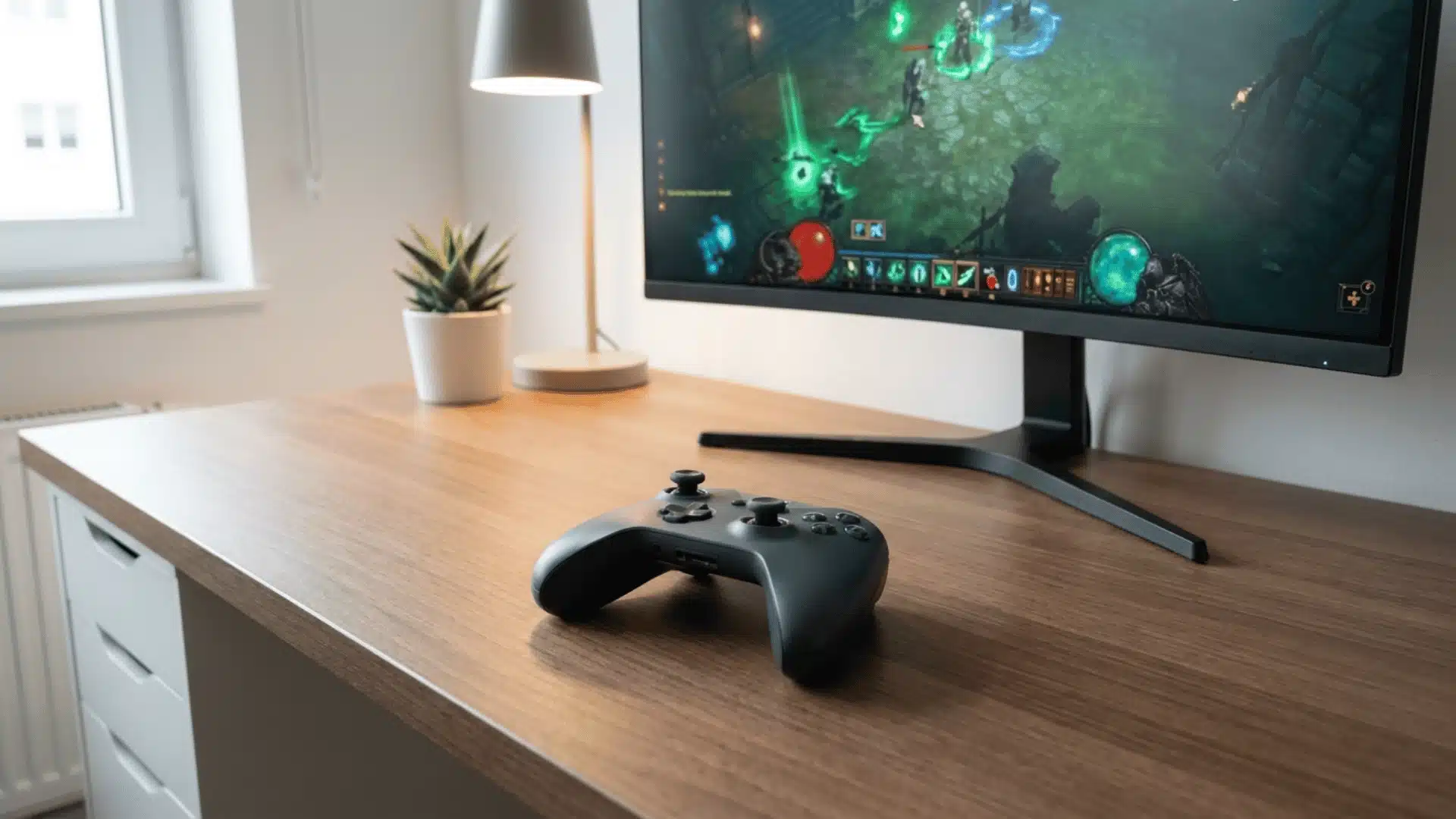 Gaming controller on a desk beside a monitor showing a game interface