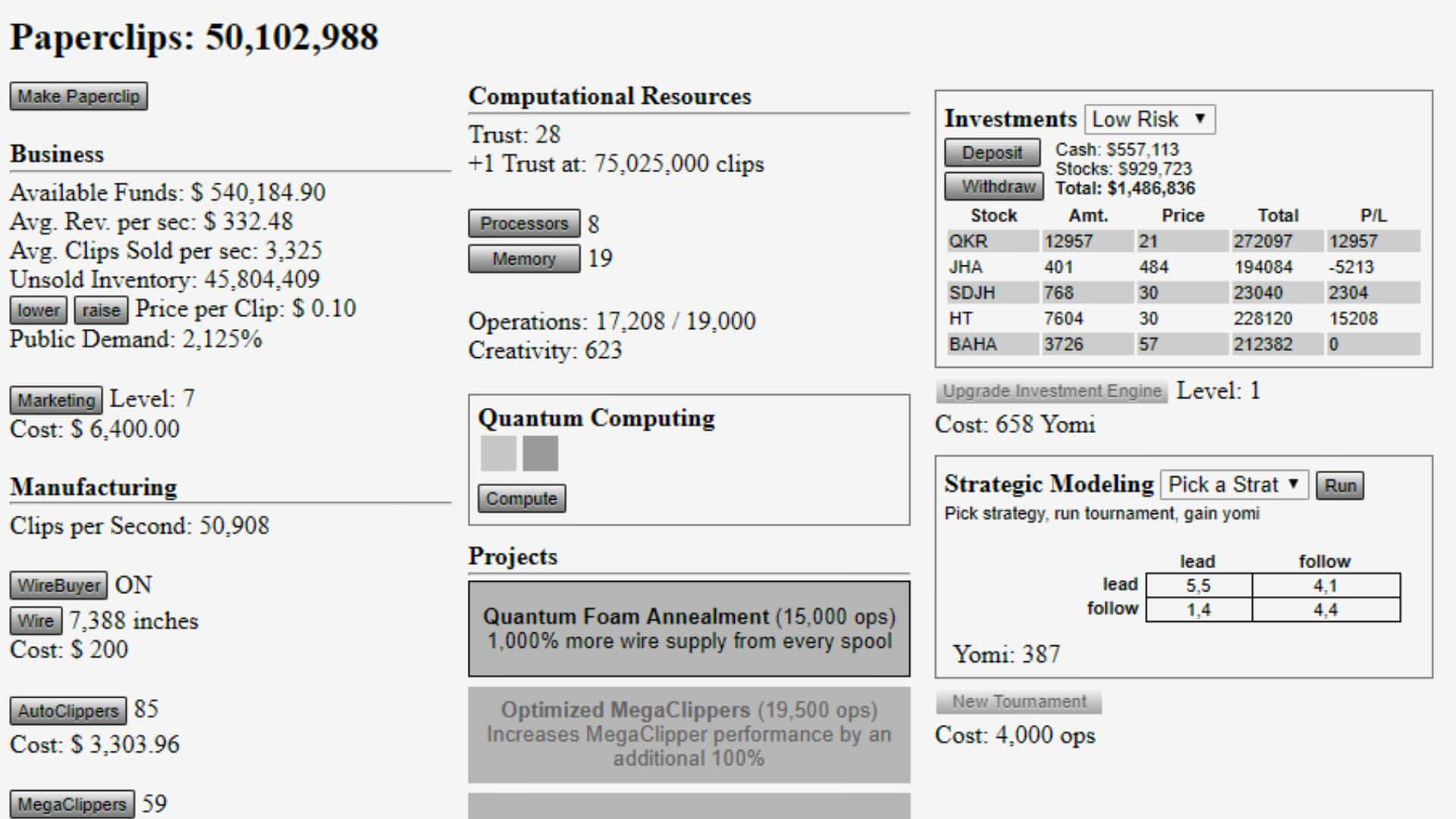 Universal Paperclips game interface showing paperclip production, resources, upgrades, and management options.