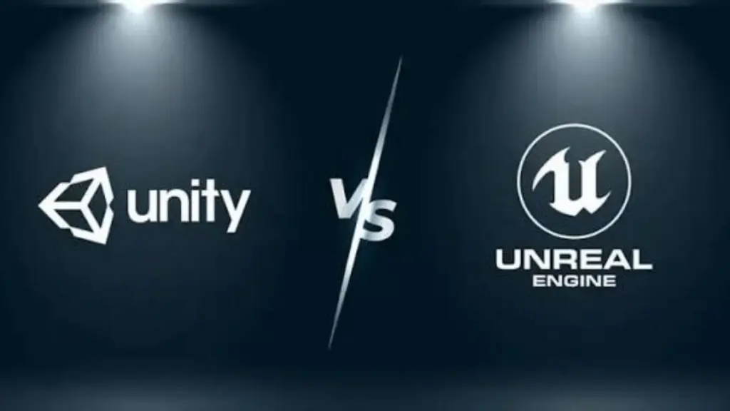 Unity vs. Unreal Engine comparison banner with logos on both sides separated by a central divider on dark background