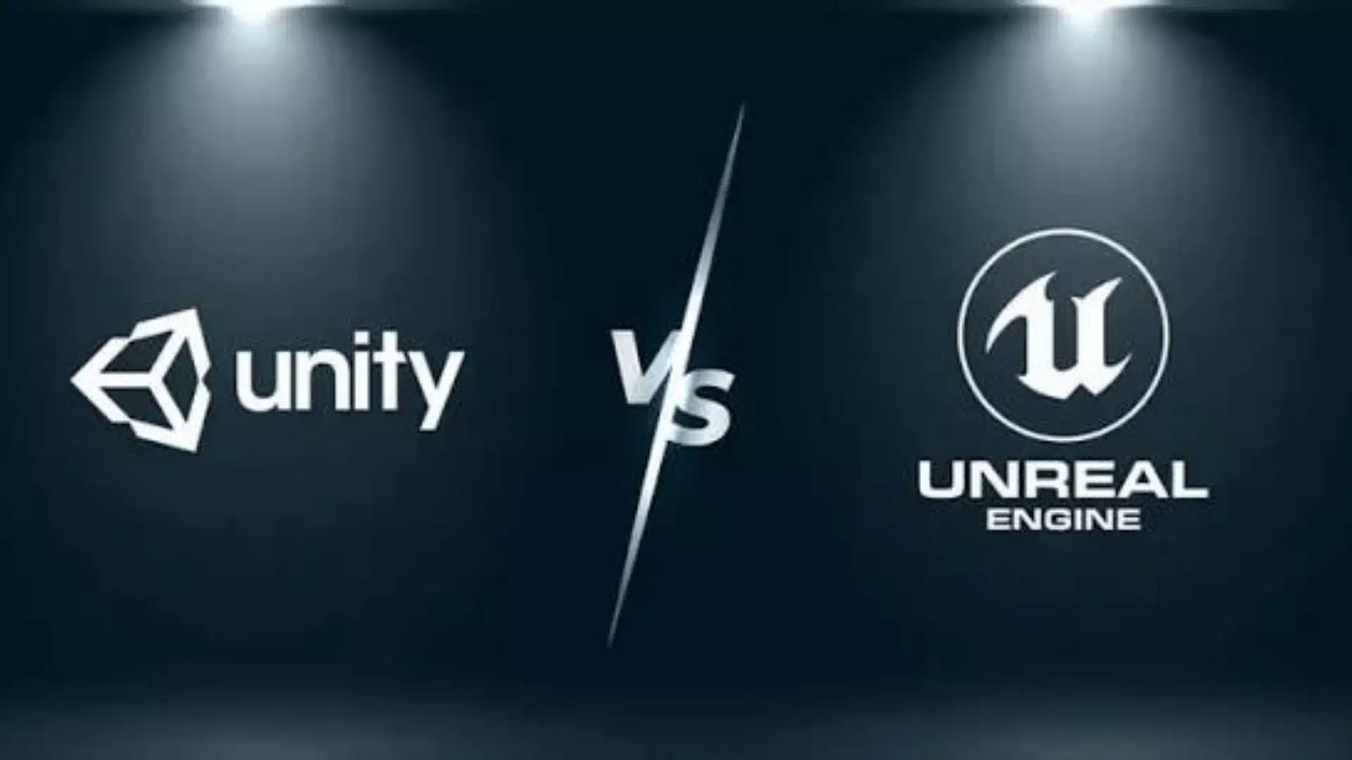 Unity vs. Unreal Engine comparison banner with logos on both sides separated by a central divider on dark background