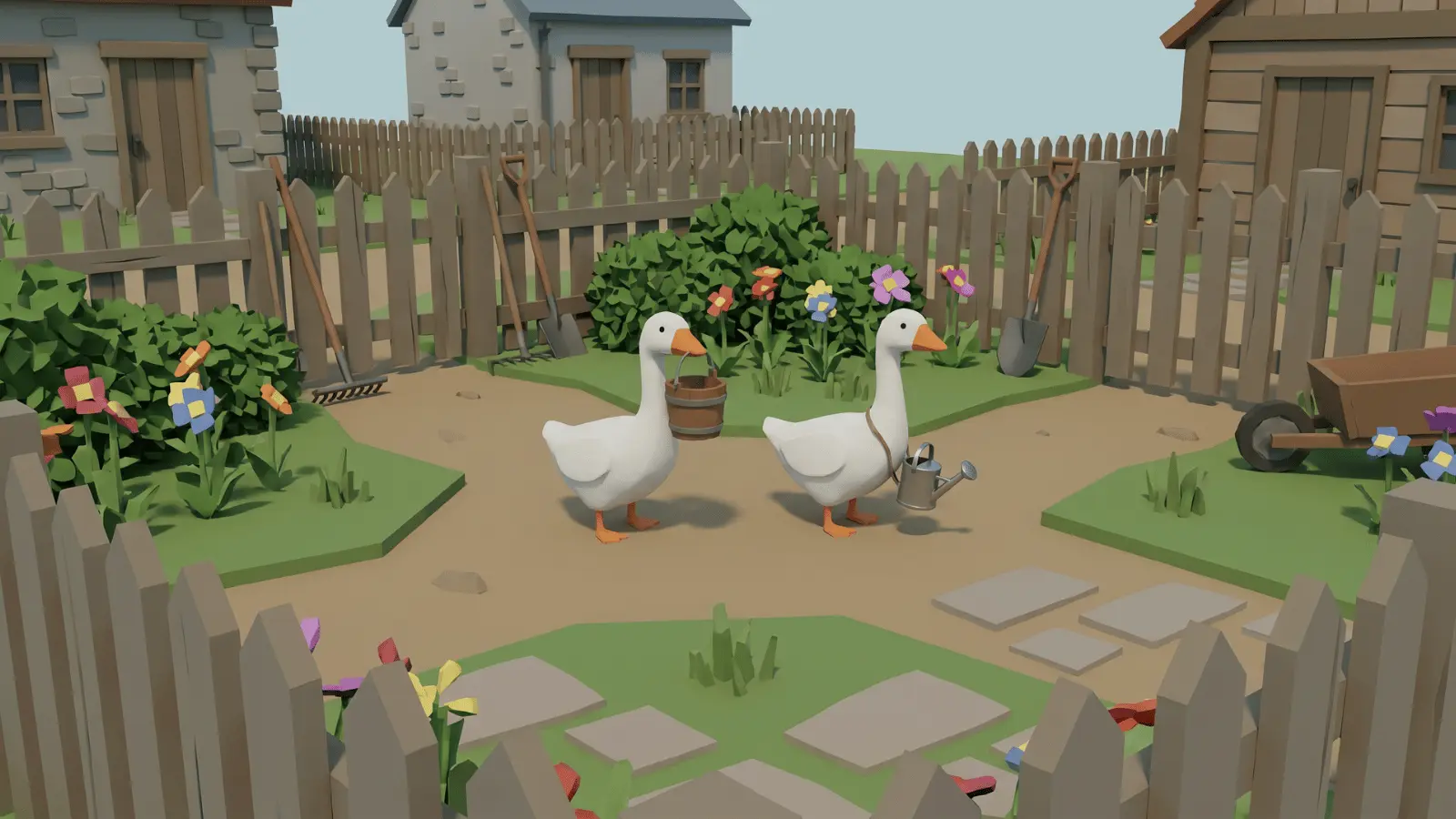 Two geese carrying objects through a village garden