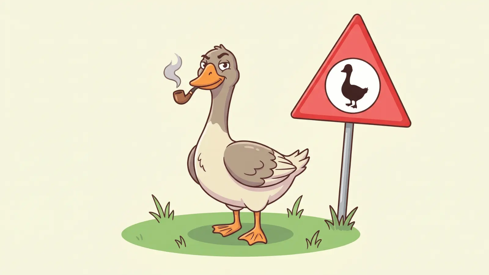 Goose standing near a warning sign in cartoon style