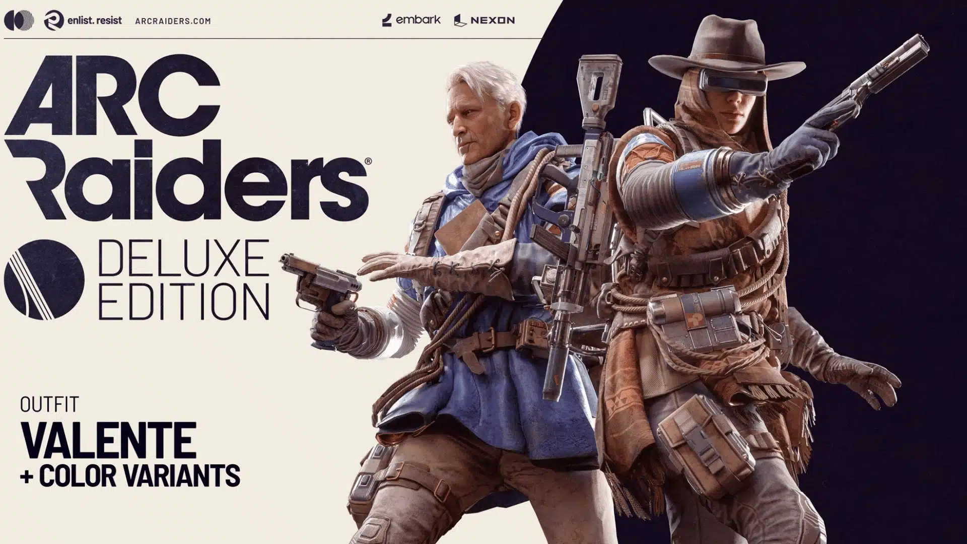 Two ARC Raiders characters in Valente outfits holding pistols beside Deluxe Edition text