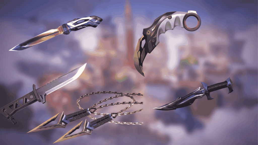 Valorant knife skins displayed over a blurred Ascent map background, showing varied melee designs.