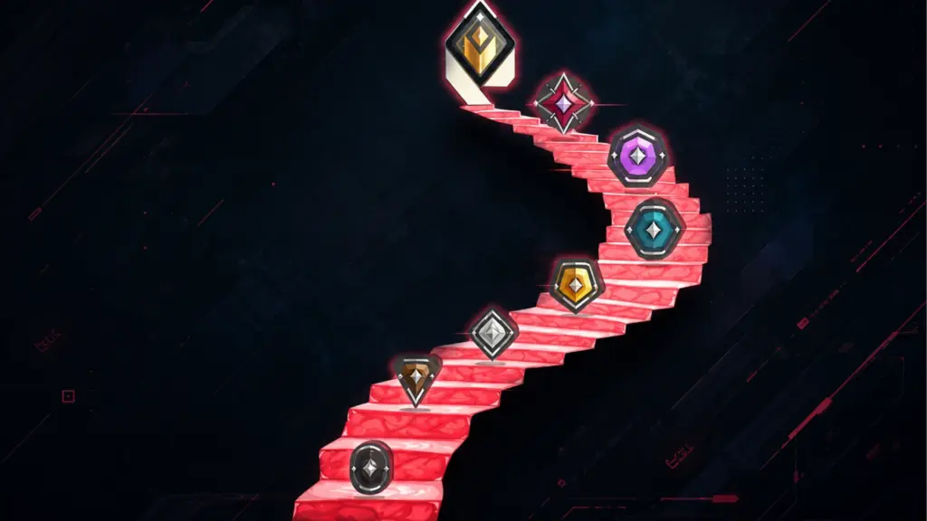 Valorant rank badges climb a glowing red staircase against a dark gaming background