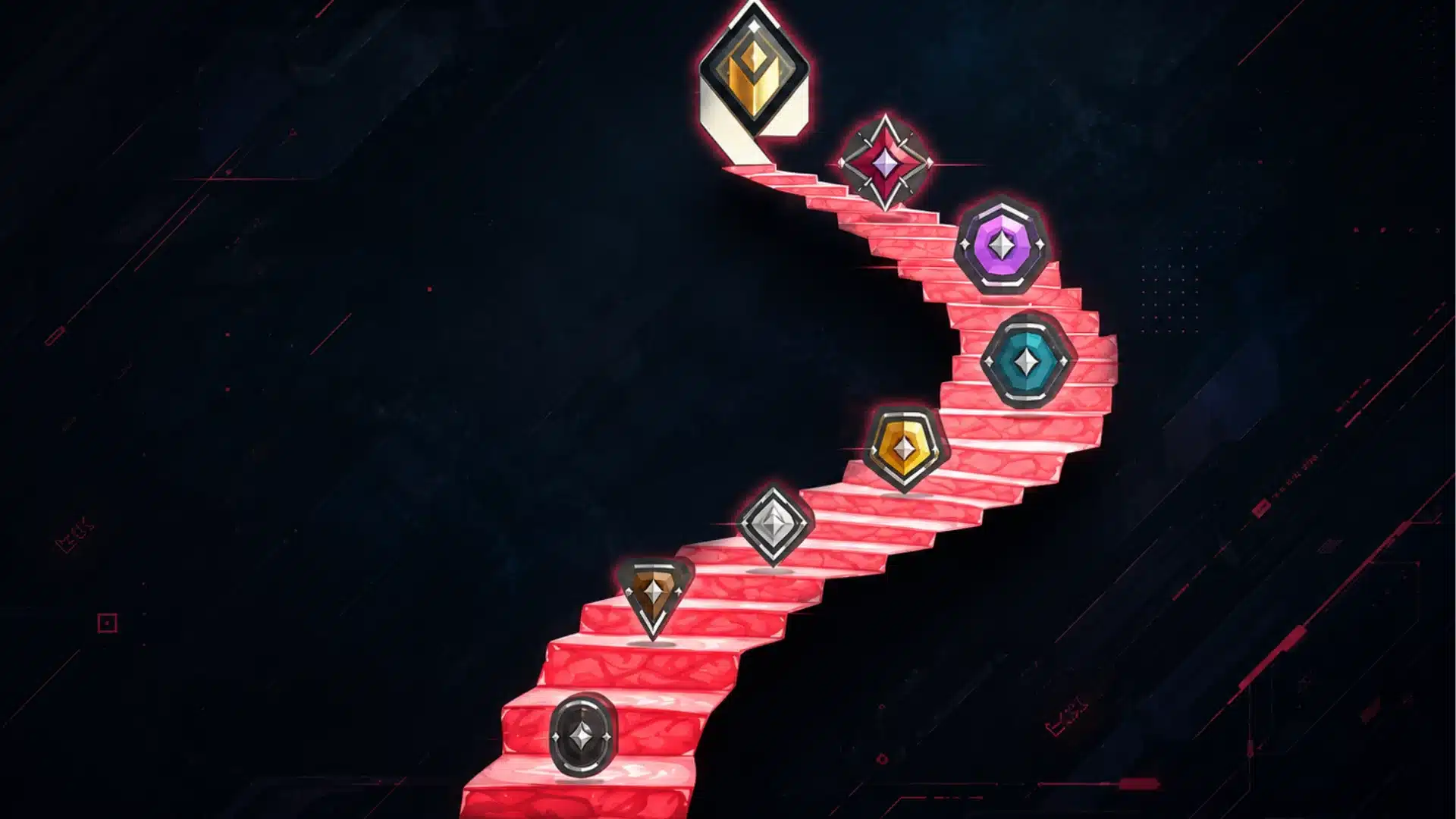 Valorant rank badges climb a glowing red staircase against a dark gaming background
