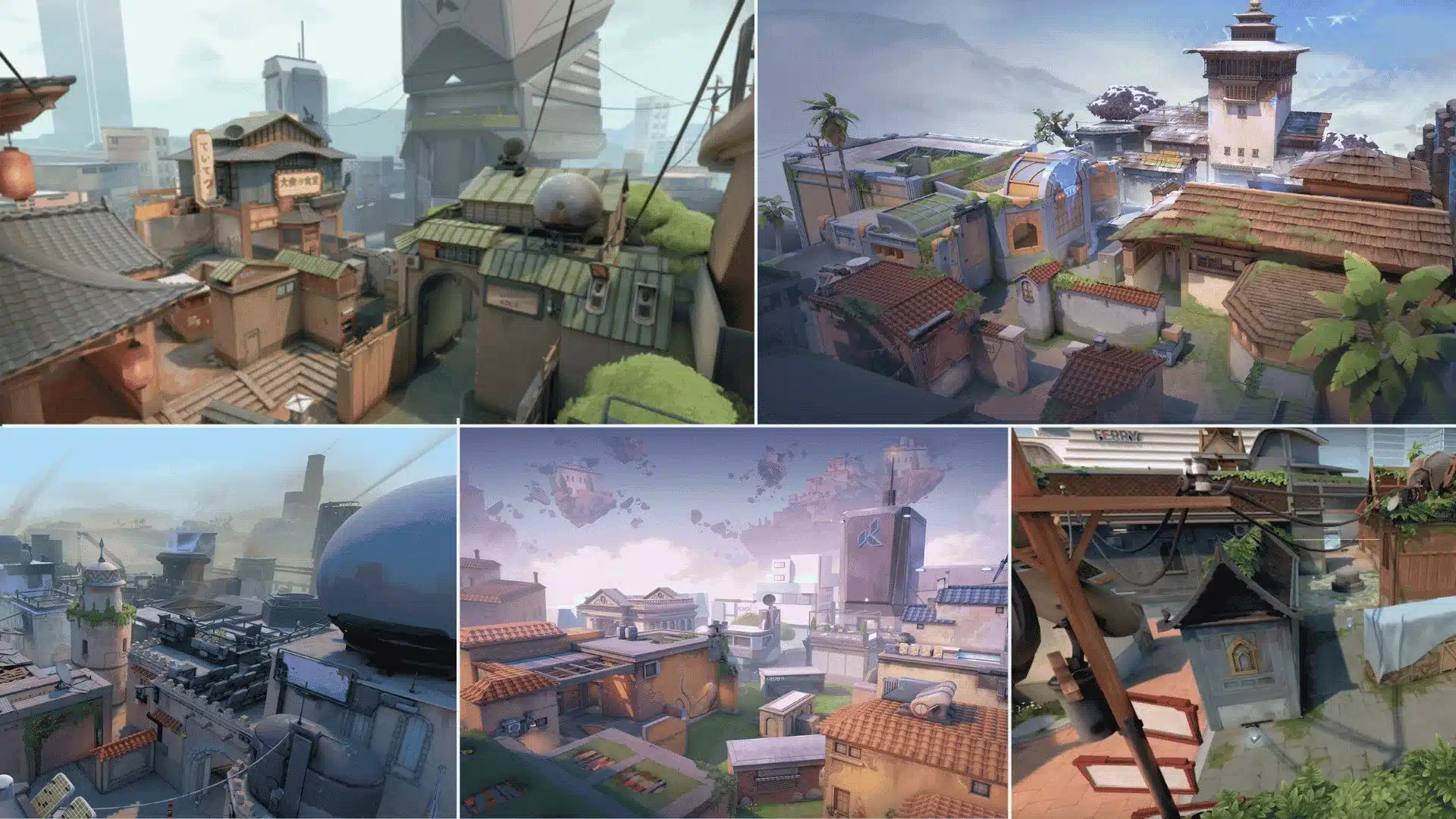 Valorant Team Deathmatch map collage showing District, Kasbah, Piazza, Drift, and Glitch arenas.