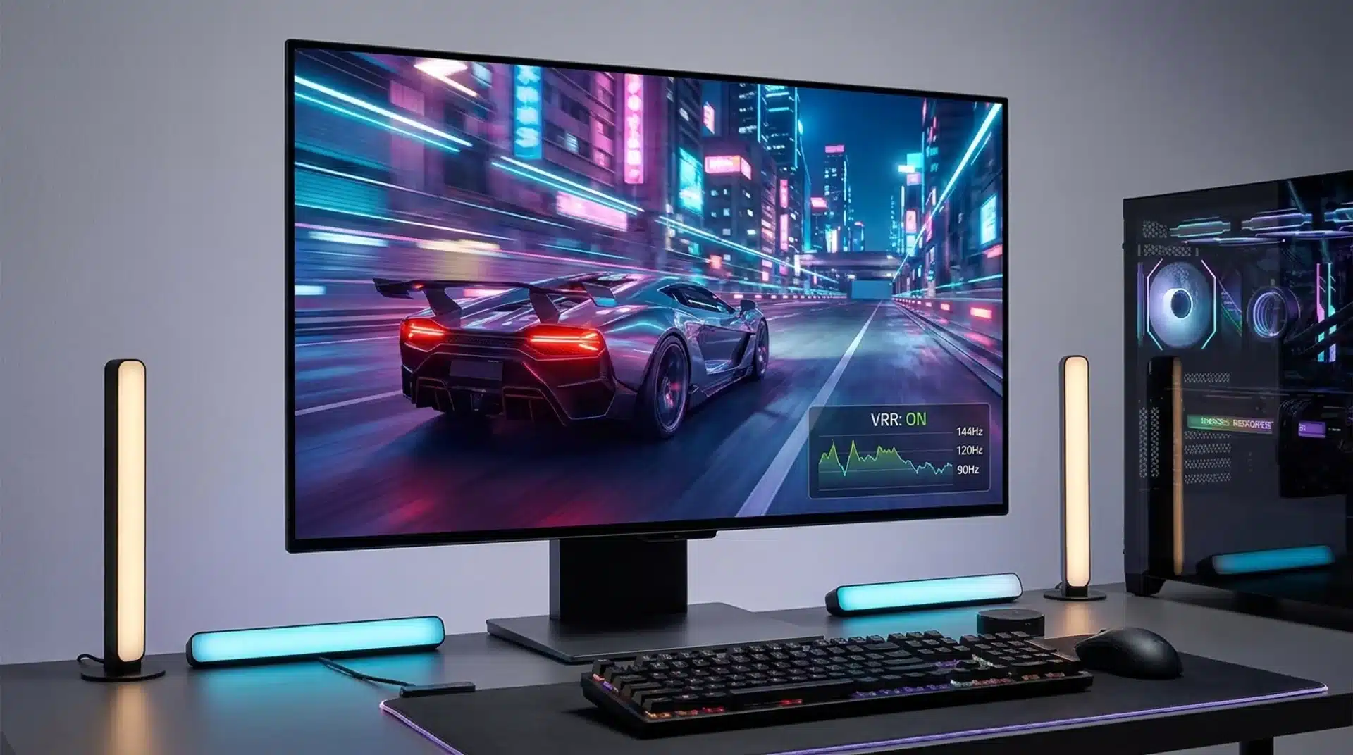 VRR gaming monitor showing smooth motion and tear-free gameplay with changing refresh rates.