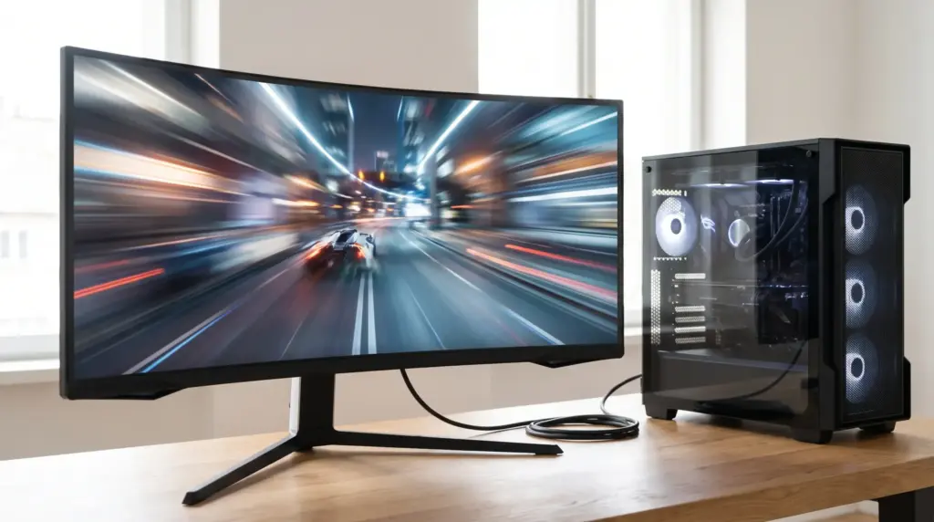 Gaming monitor using variable refresh rate for smooth frame delivery without visible screen tearing.