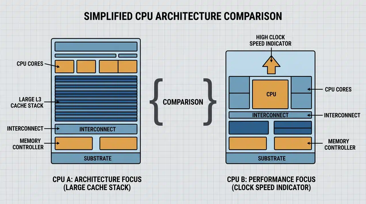 Flat diagram comparing a stacked cache CPU block and a high-clock CPU block with labeled callout lines