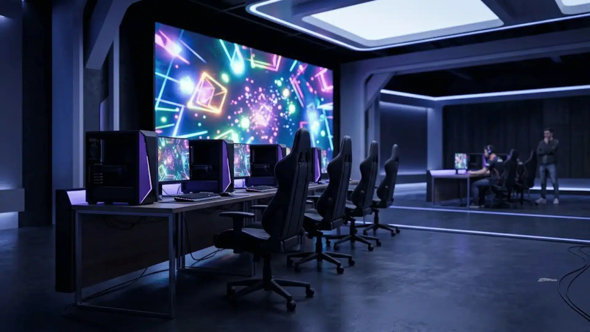 Virtual gaming event setup with gaming PCs and a large digital display