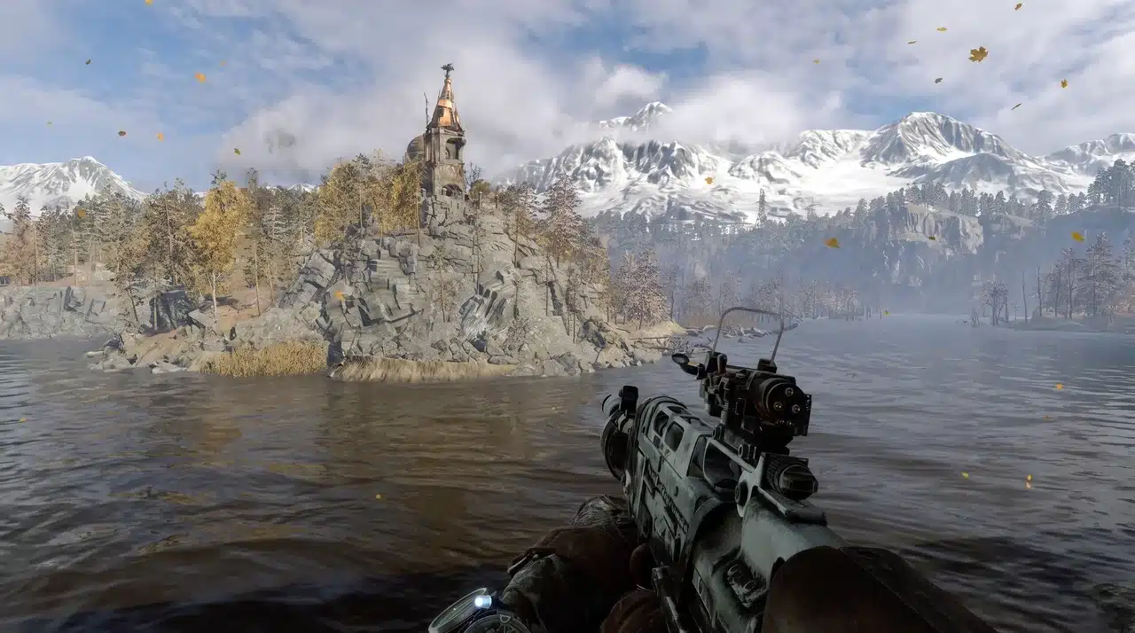 First person view aiming a rifle across a misty lake toward a snow capped mountain range and ruined stone tower.