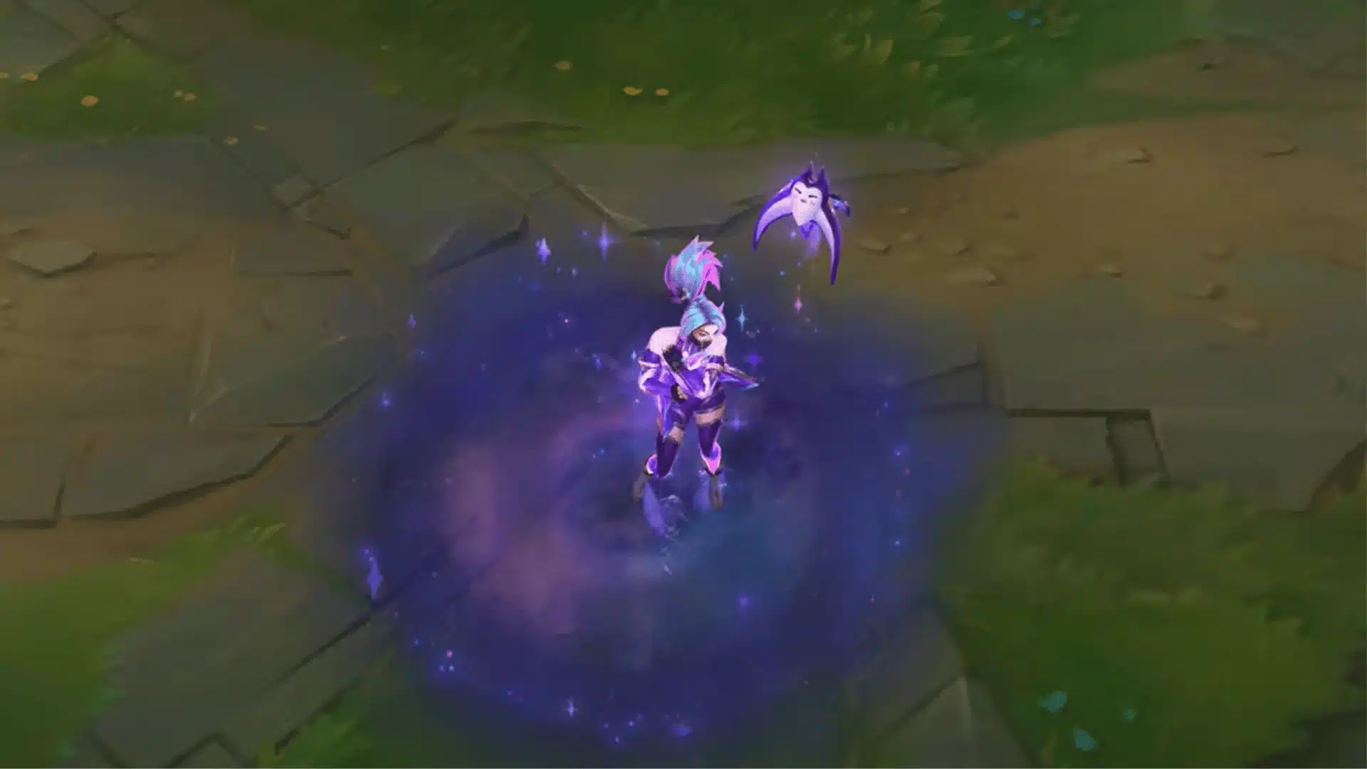 Character performs a recall animation as two floating companions appear beneath a blue teleport beam.