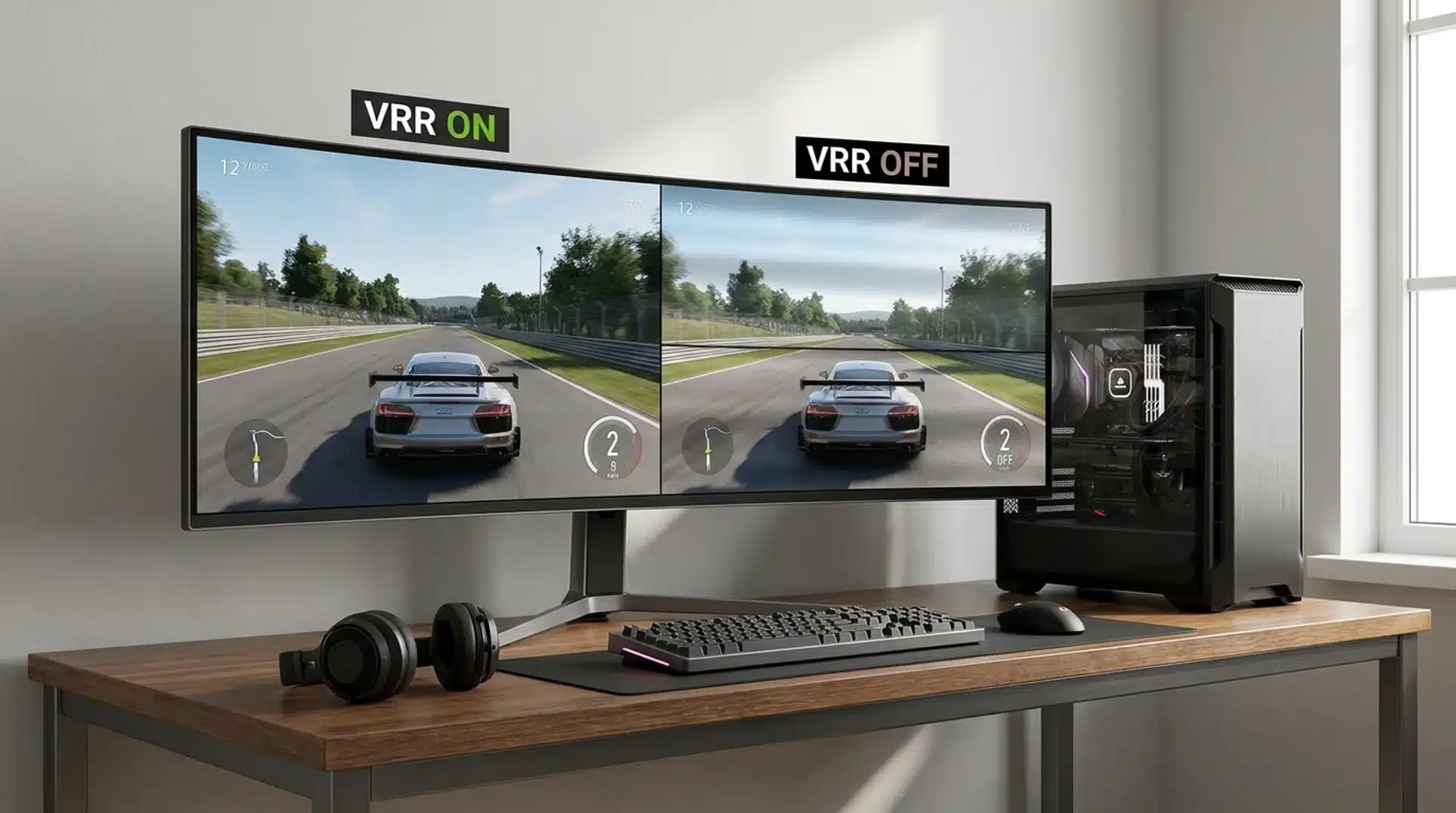Gaming monitor showing a subtle difference between smooth VRR gameplay and slight screen tearing.