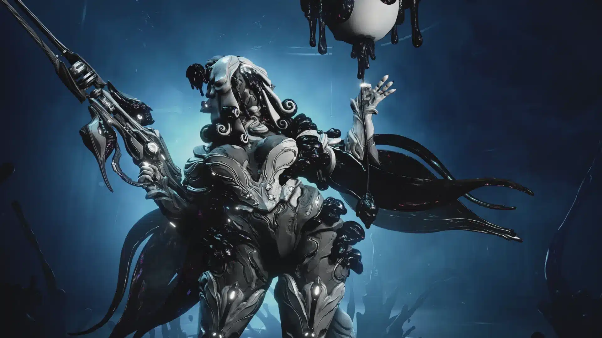 Armored Warframe holds a futuristic rifle amid dark tendrils in a shadowy blue chamber