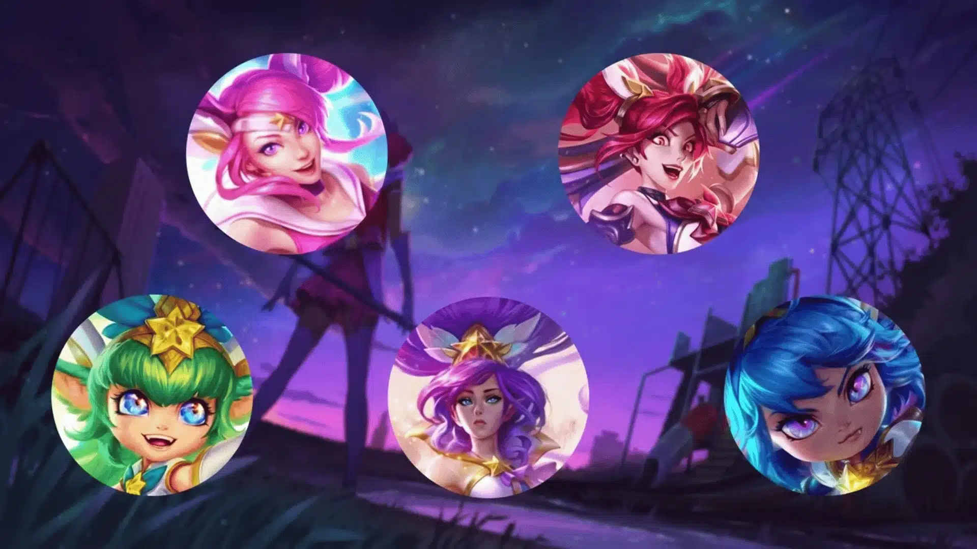 Portraits of five Star Guardian champions appear over a ruined landscape beneath a glowing purple night sky.
