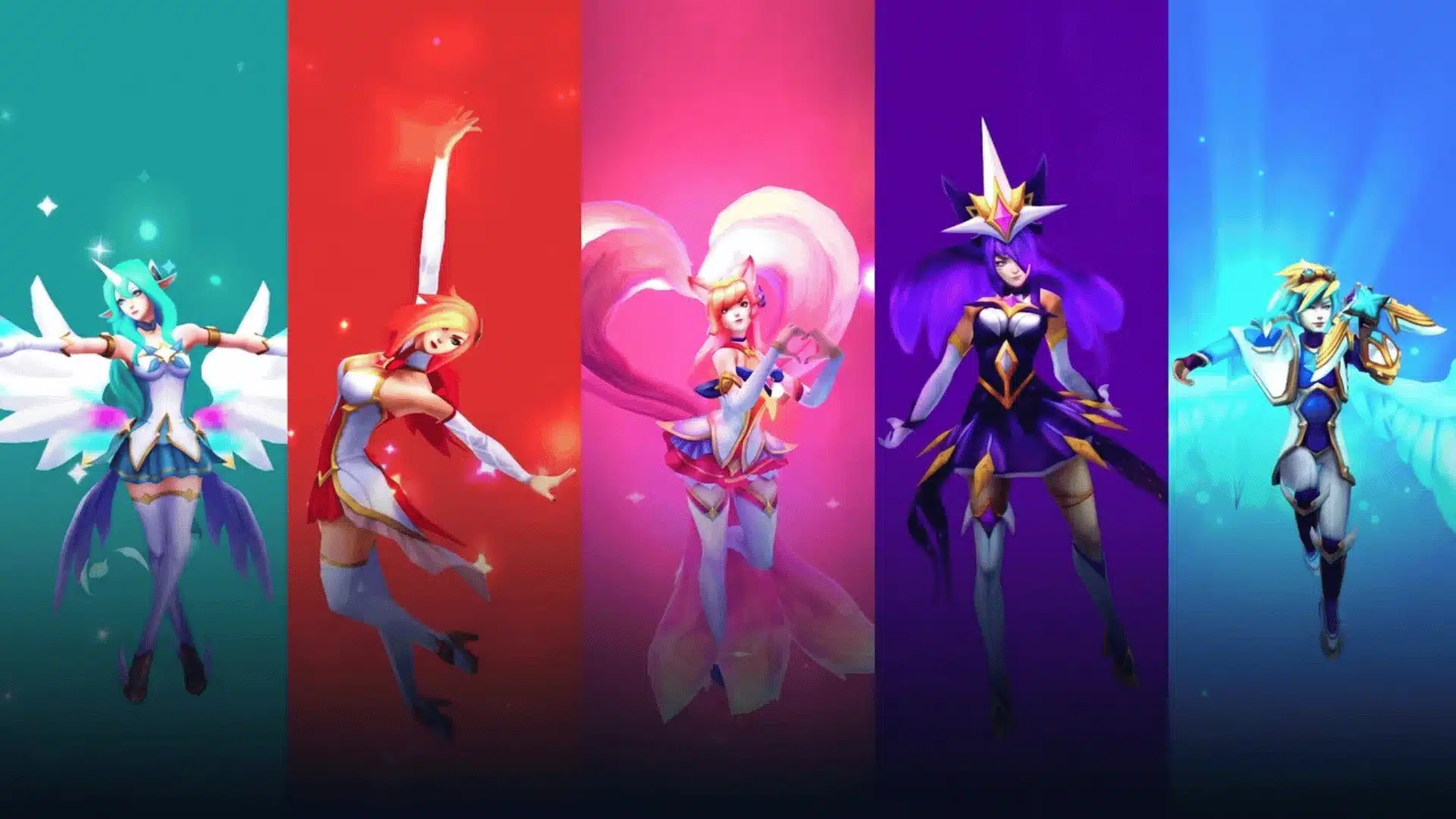 Five Star Guardian champions stand against colorful backgrounds, showcasing different magical forms and outfits.