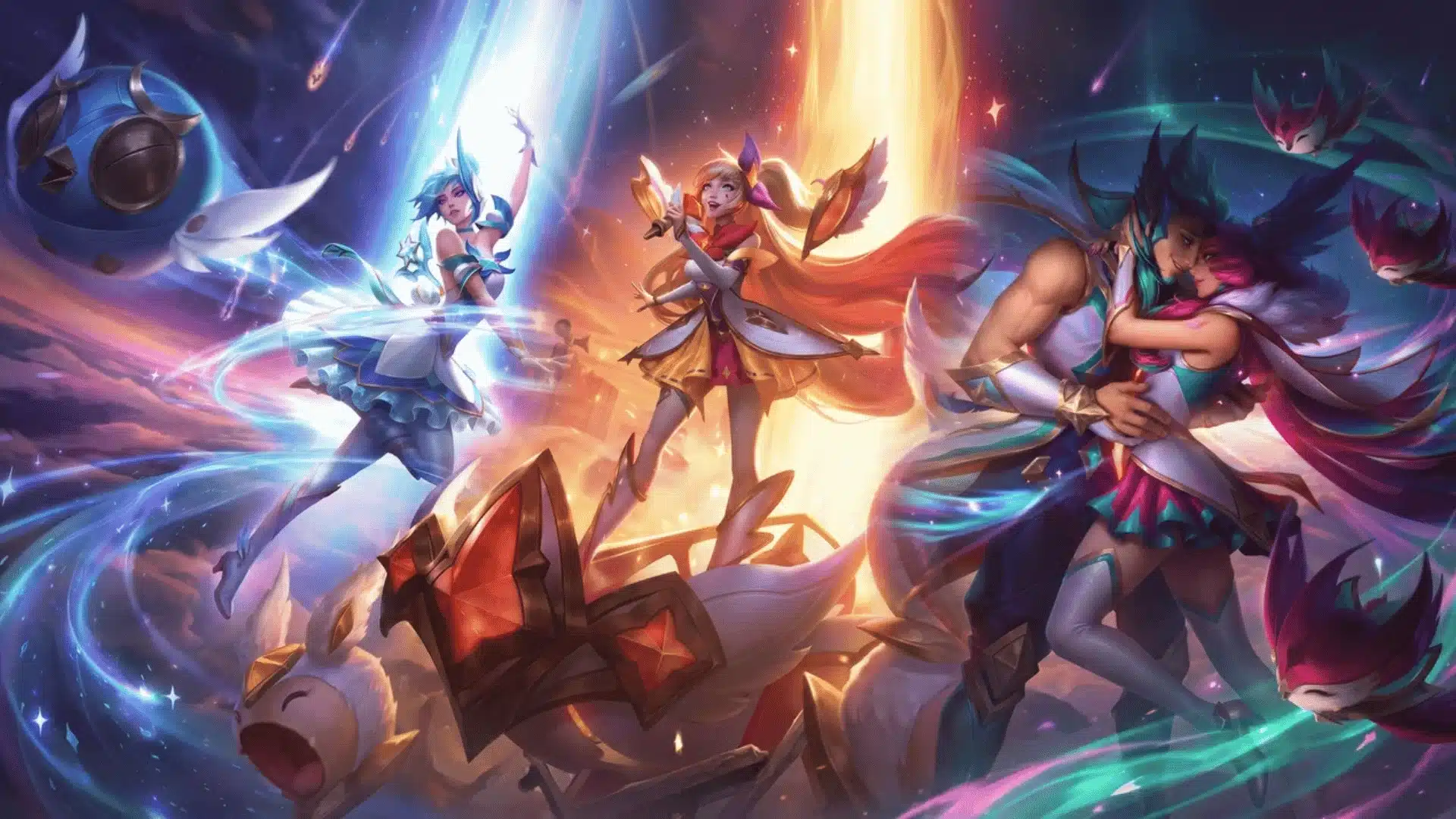 Star Guardians reunite beneath glowing beams as magical companions surround them in a colorful celestial scene.