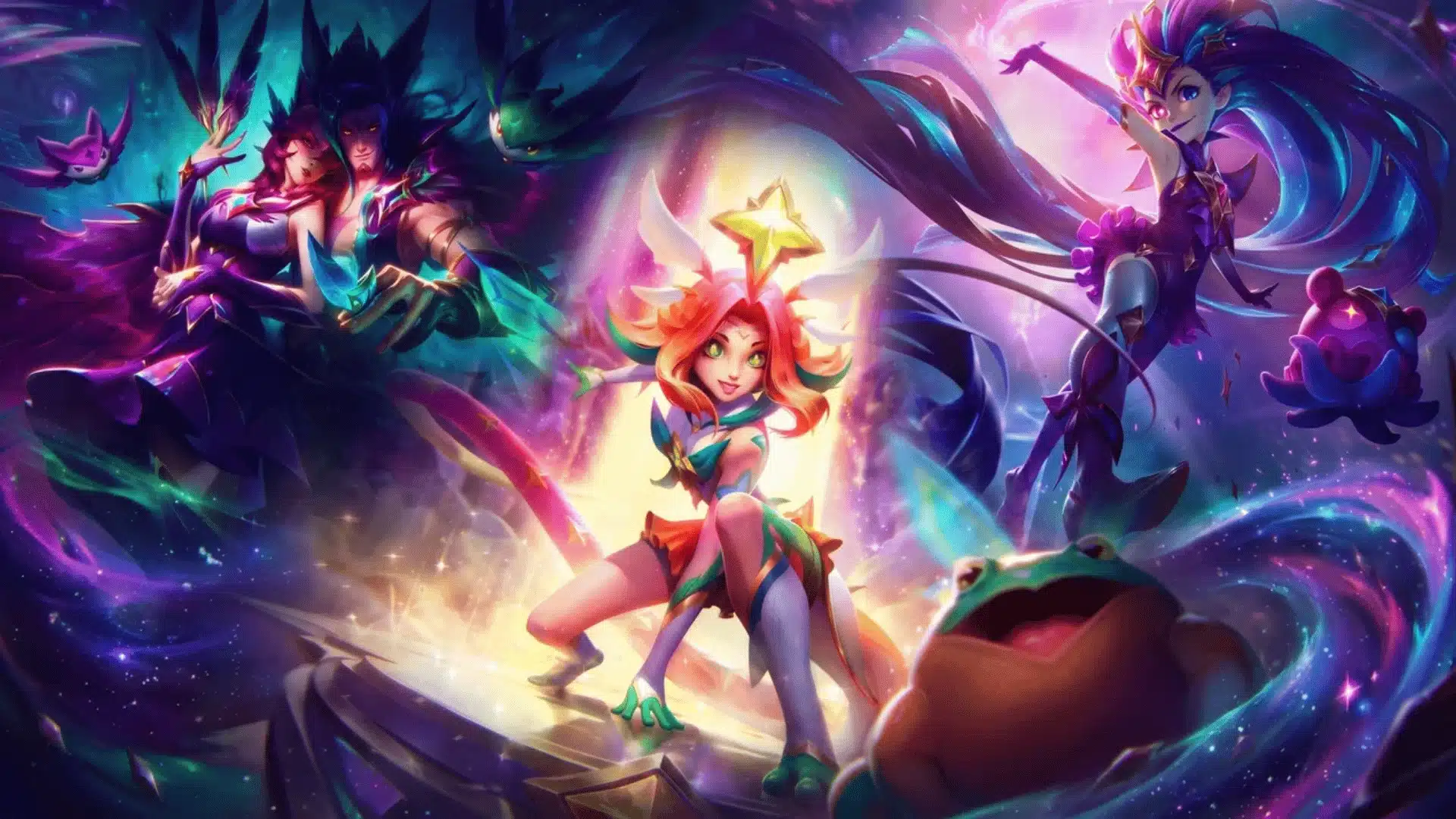 Star Guardian champions and magical companions gather in a vibrant cosmic scene with glowing stars and colorful energy.