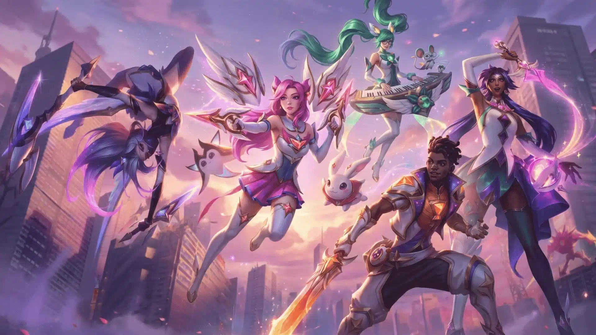 Star Guardian champions pose together above a city skyline with magical companions and glowing weapons.