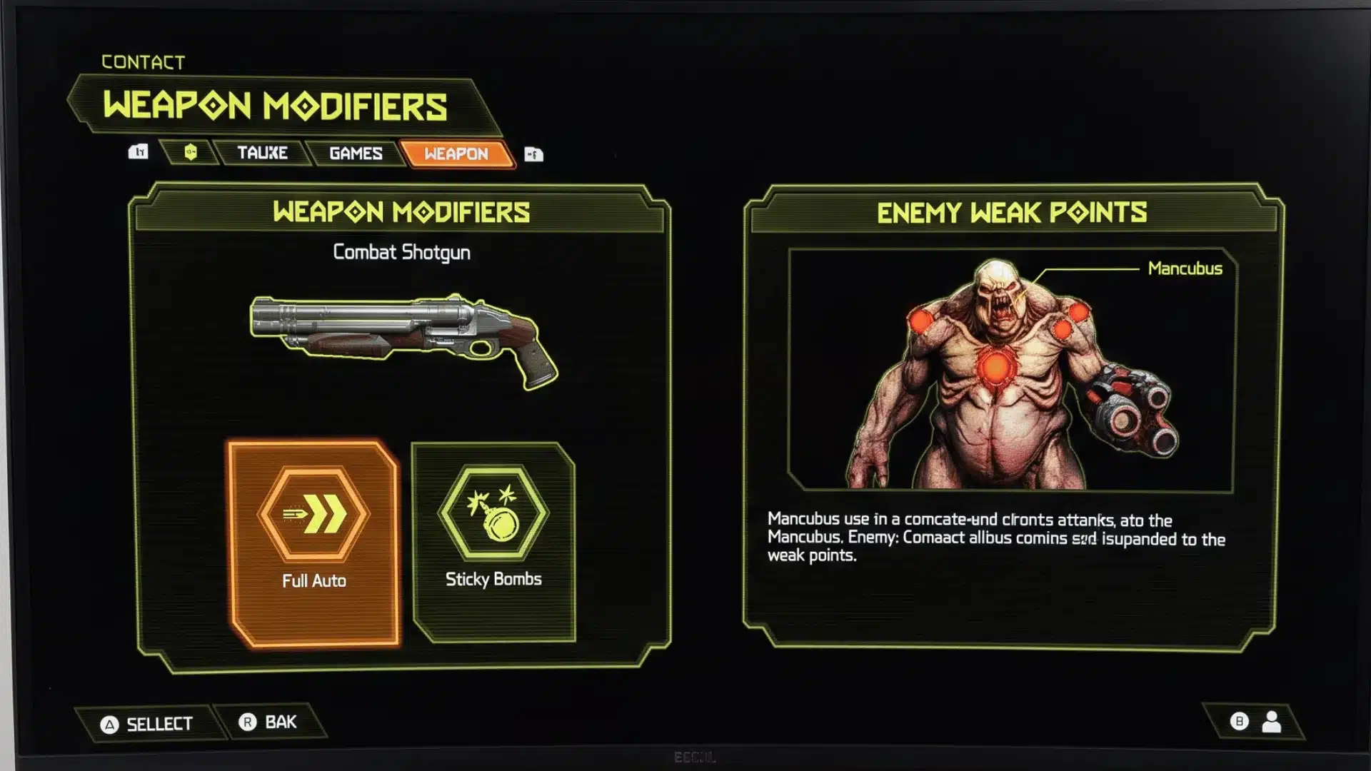 DOOM Eternal weapon modifiers and enemy weak points menu showing combat upgrades and demon vulnerabilities.
