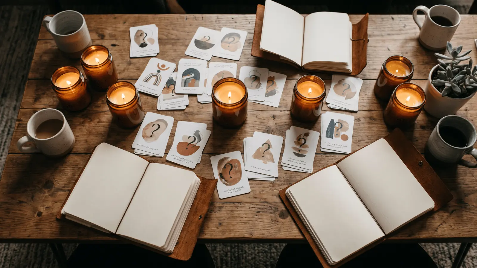 Conversation cards and notebooks arranged on a table