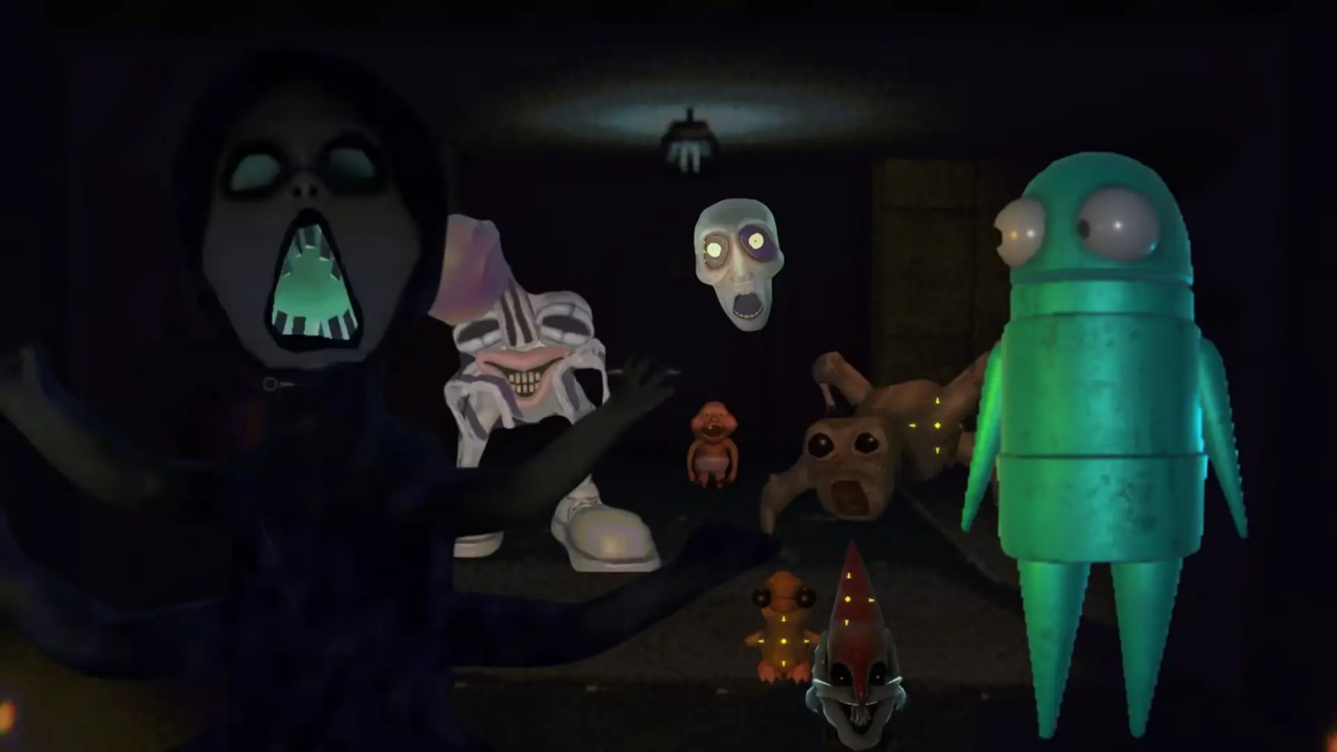 R.E.P.O. characters and monsters gathered in a dark in-game environment.