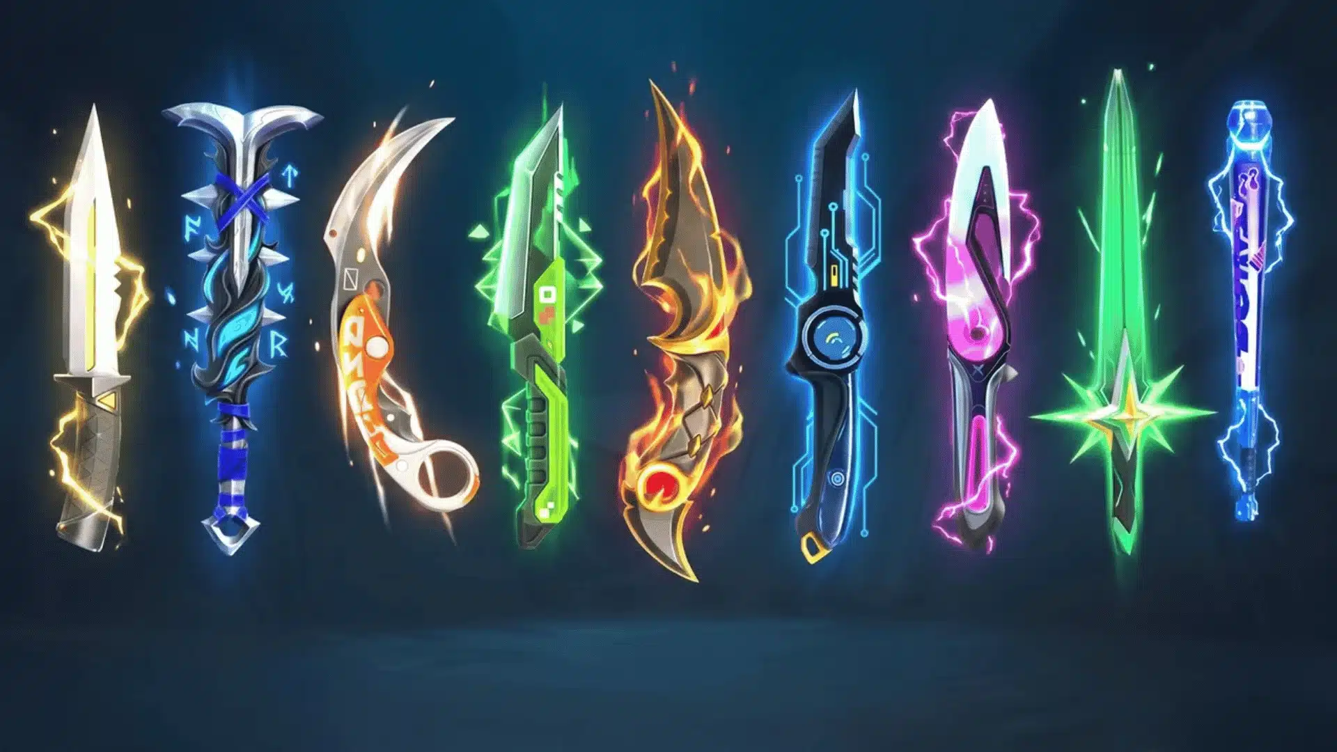 Colorful Valorant knives with glowing effects displayed against a dark blue background.