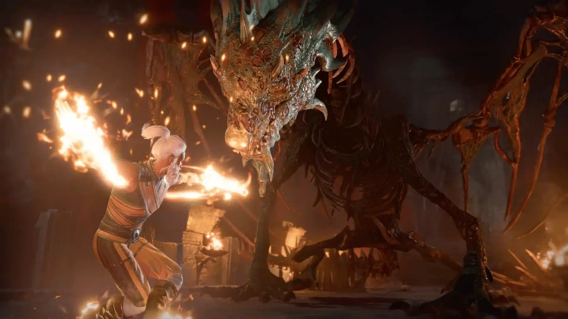 A white-haired character with glowing fire magic facing off against an undead dragon in Baldur's Gate 3.