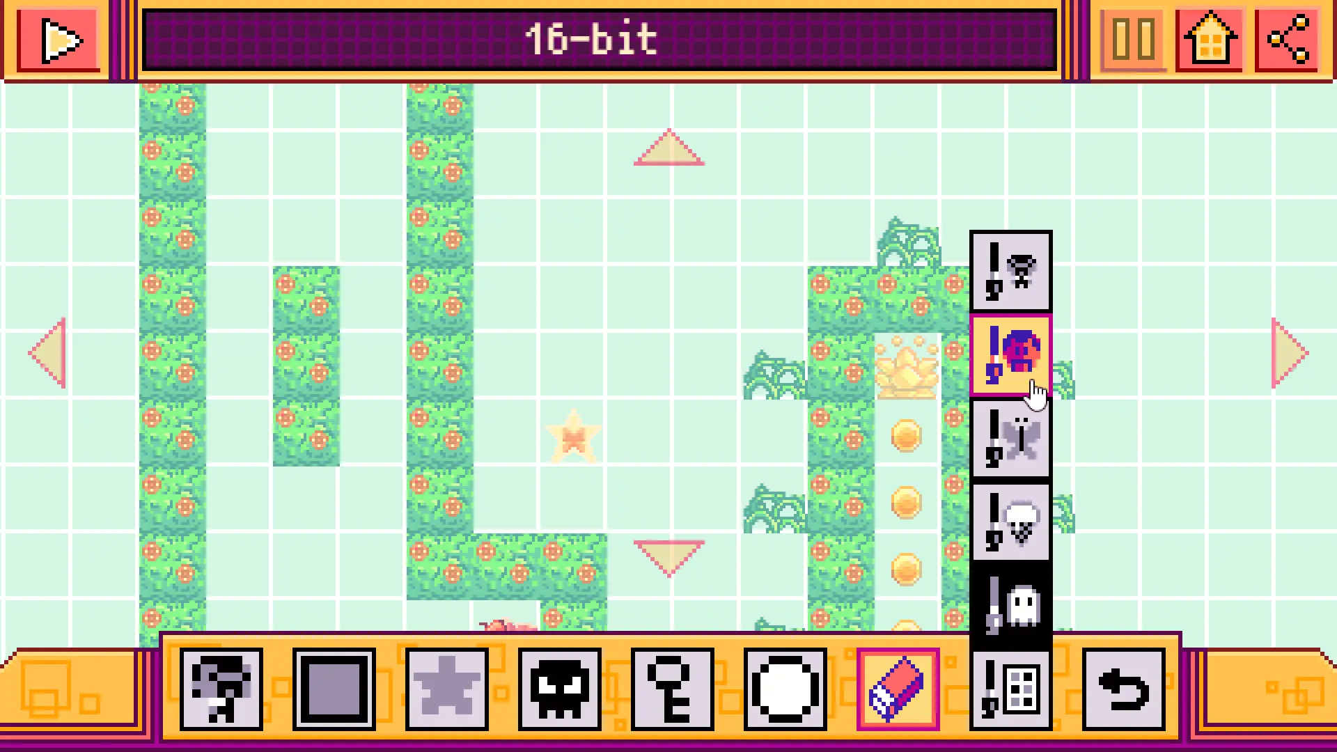Pixel game editor interface showing level design tools and gameplay features.