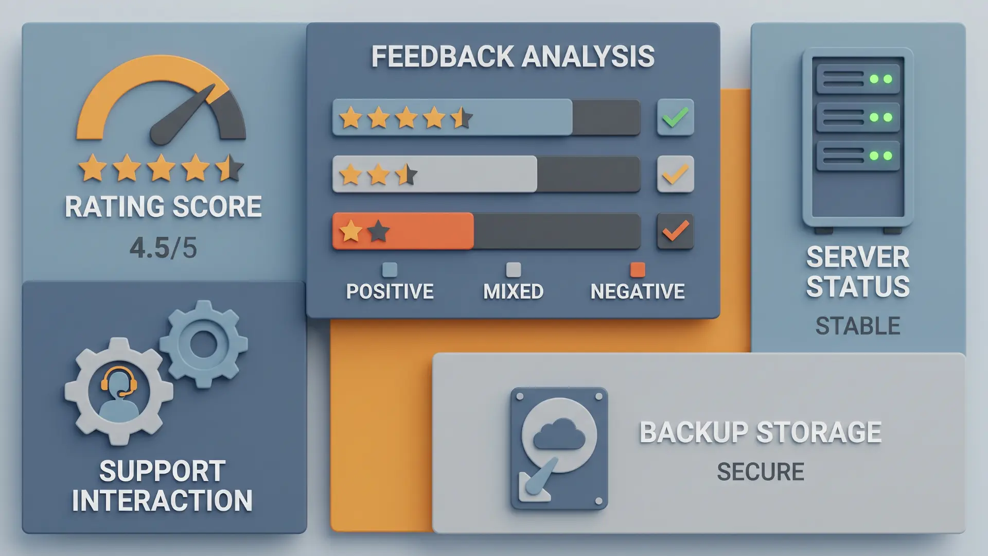 Illustration of customer reviews, support feedback, server stability, and backup considerations.