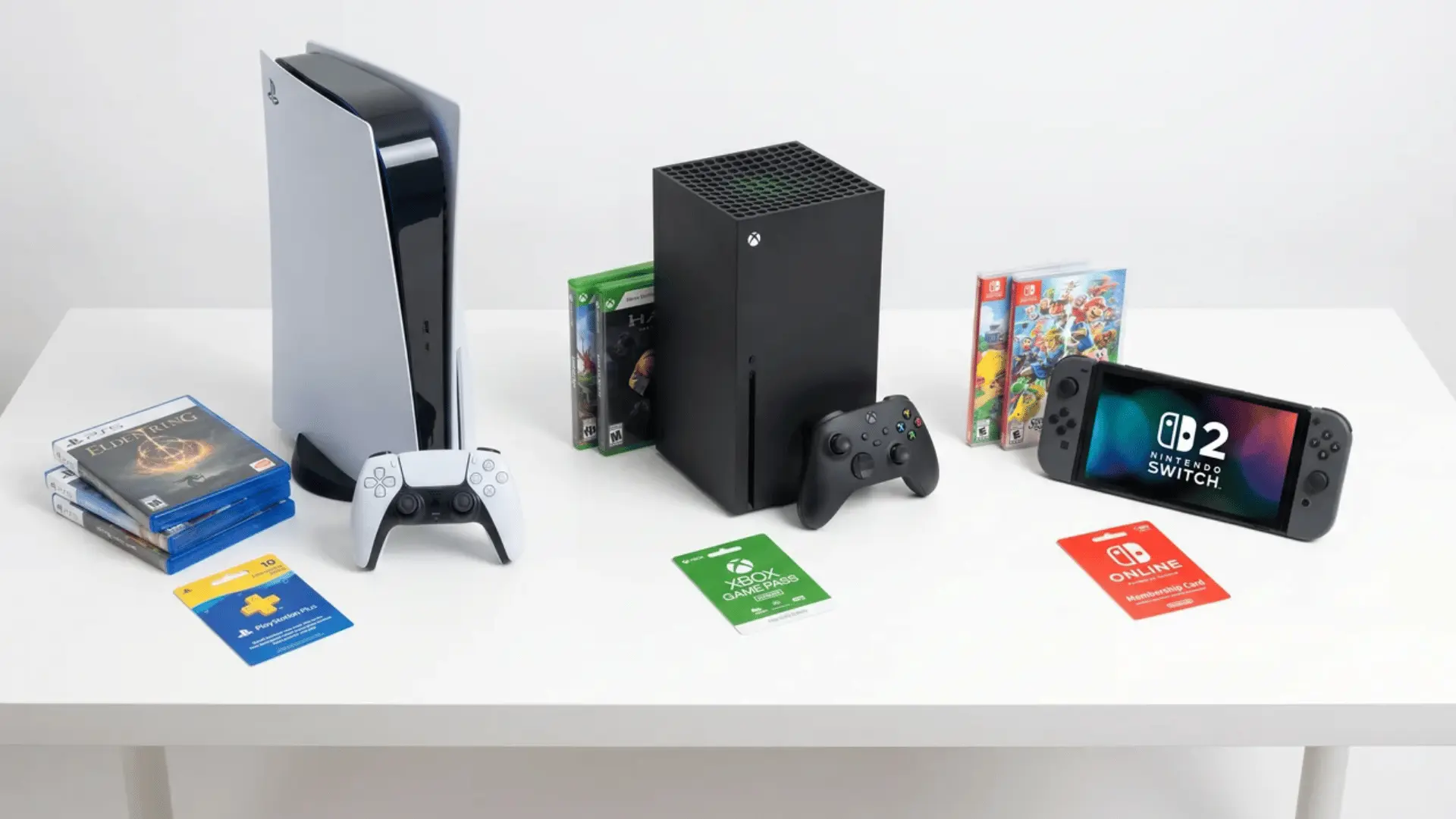 PS5 Pro, Xbox Series X, Nintendo Switch 2 with controllers and subscription service cards on a desk
