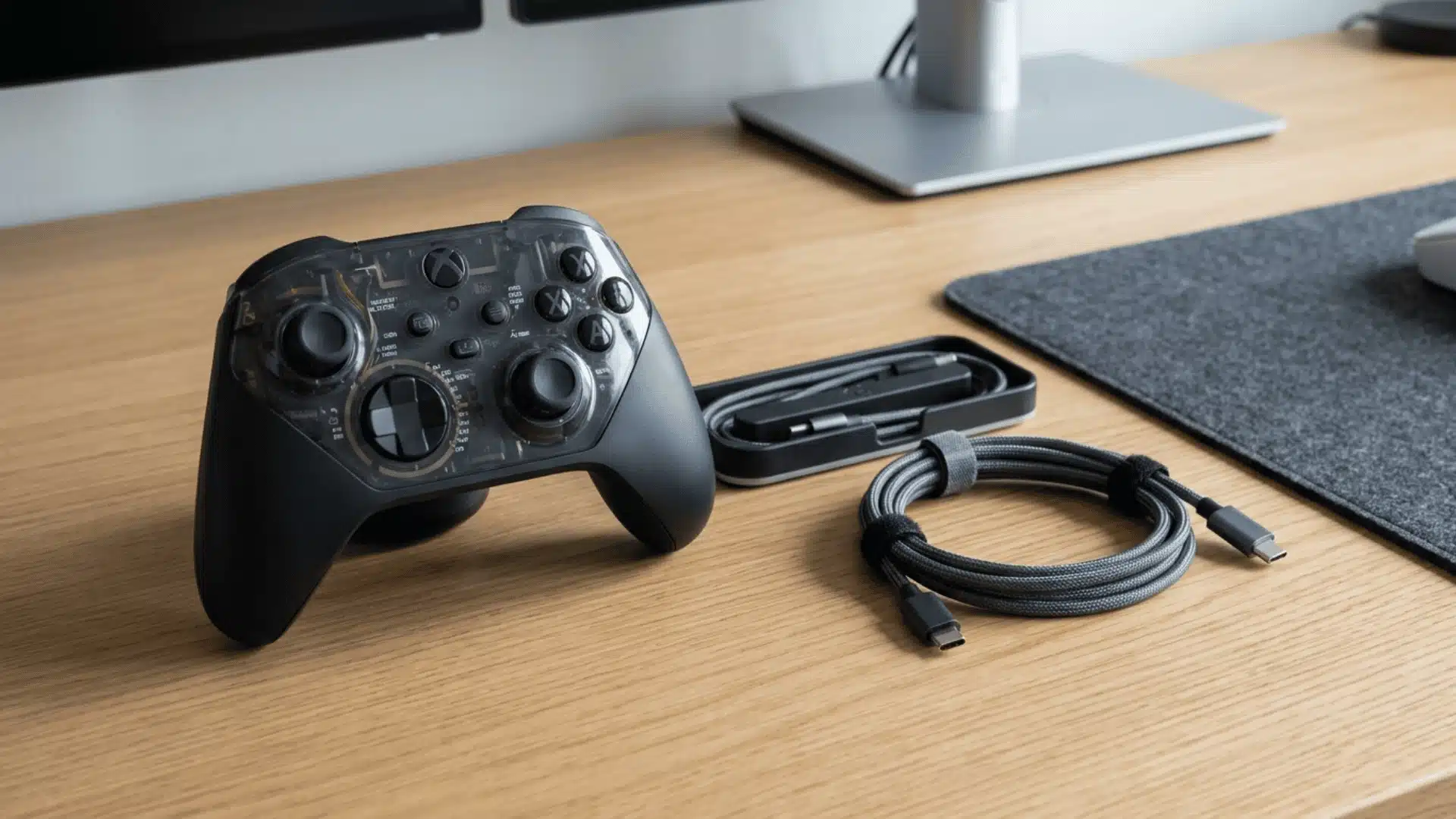 Gaming controller beside an organized cable management setup on a desk
