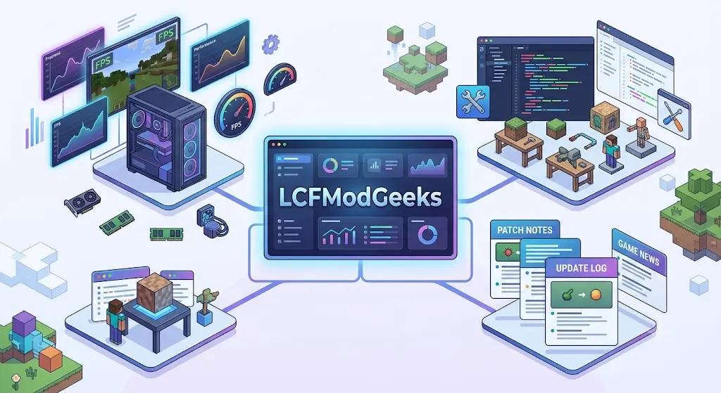 Gaming hub illustration showing PC mods, performance tools, Minecraft content, and hardware upgrades.