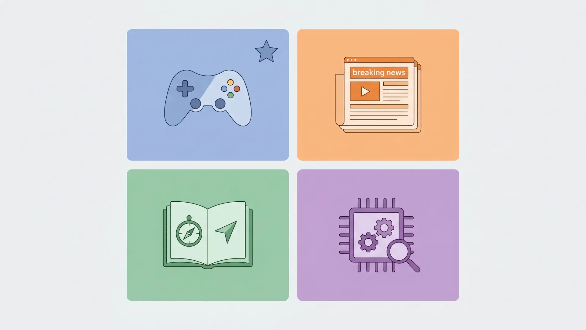 Flat illustration of four content category blocks labeled for reviews, news, guides, and hardware analysis