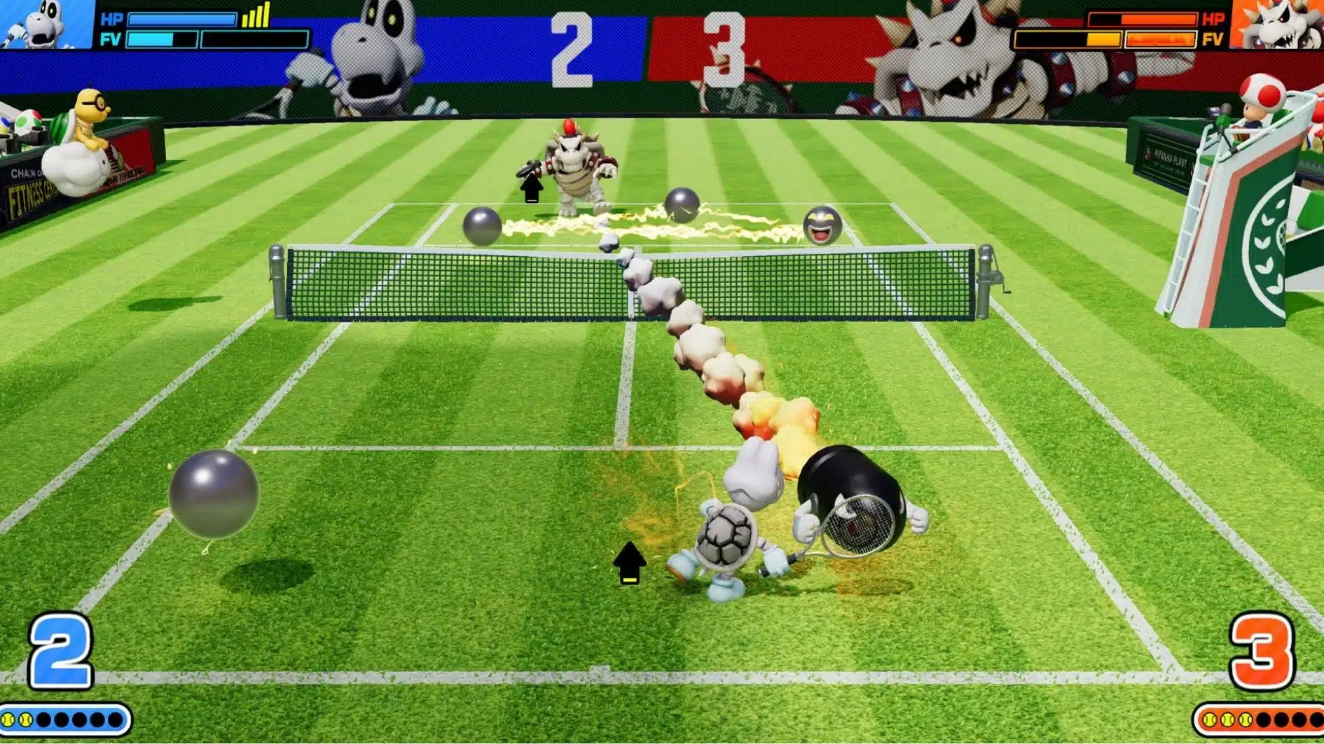 Mario Tennis Fever gameplay scene showing characters competing on a tennis court with special shots