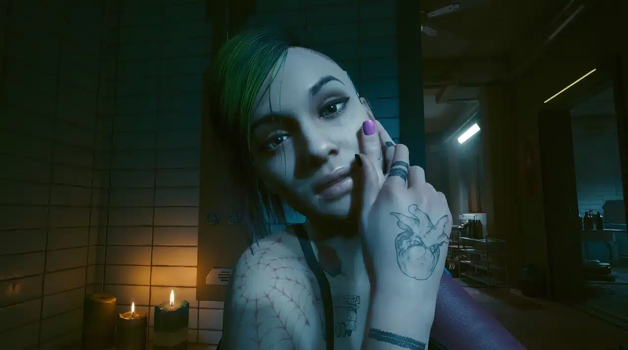 Judy Alvarez in the bungalow bathroom during the Pyramid Song romance scene in Cyberpunk 2077
