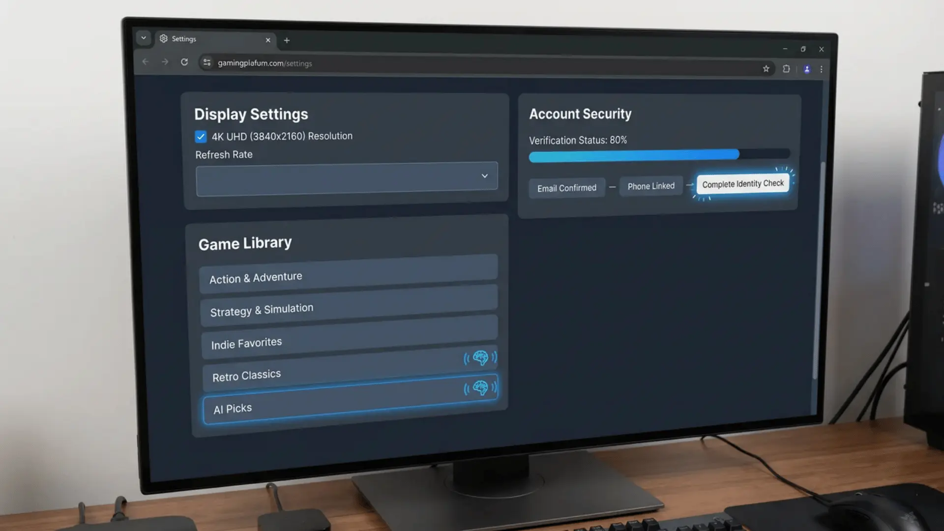 Gaming platform dashboard with display settings, library categories, and security setup sections