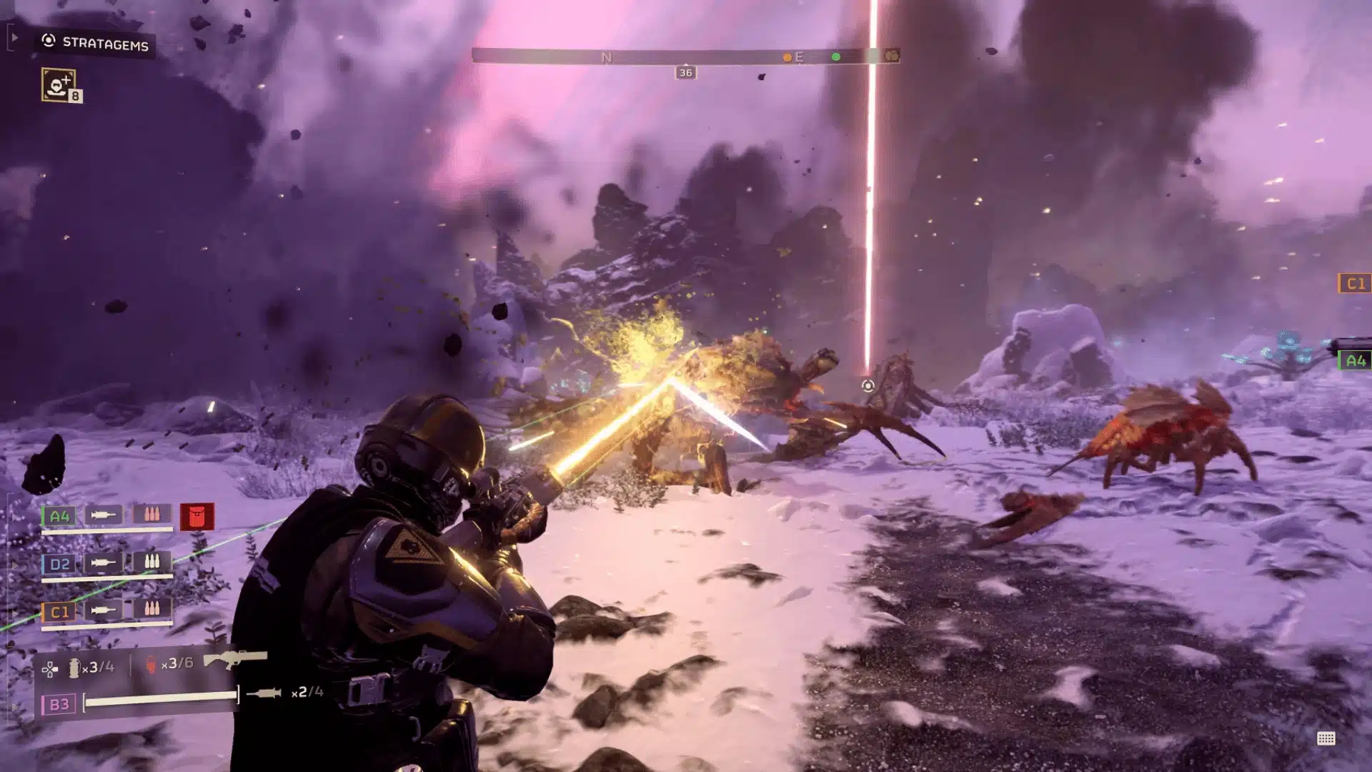 Helldivers 2 showing a player firing a laser weapon at insect-like alien enemies on a snowy planet