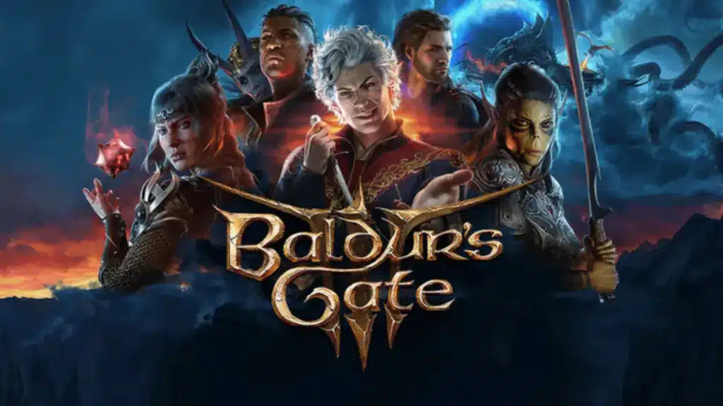 Official key art for Baldur's Gate 3 featuring a group of main companion characters above the game's logo.