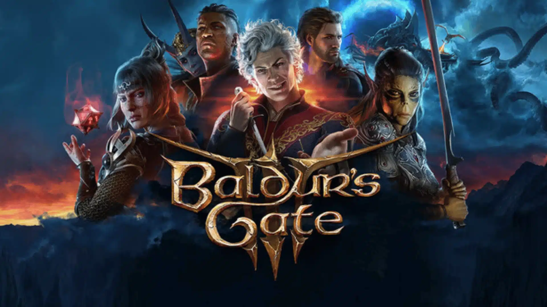 Official key art for Baldur's Gate 3 featuring a group of main companion characters above the game's logo.