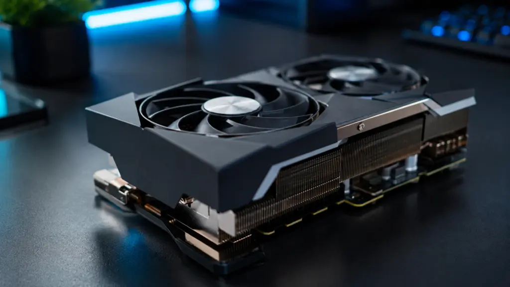 Modern dual-fan graphics card on a dark desk with blue lighting for GPU scheduling