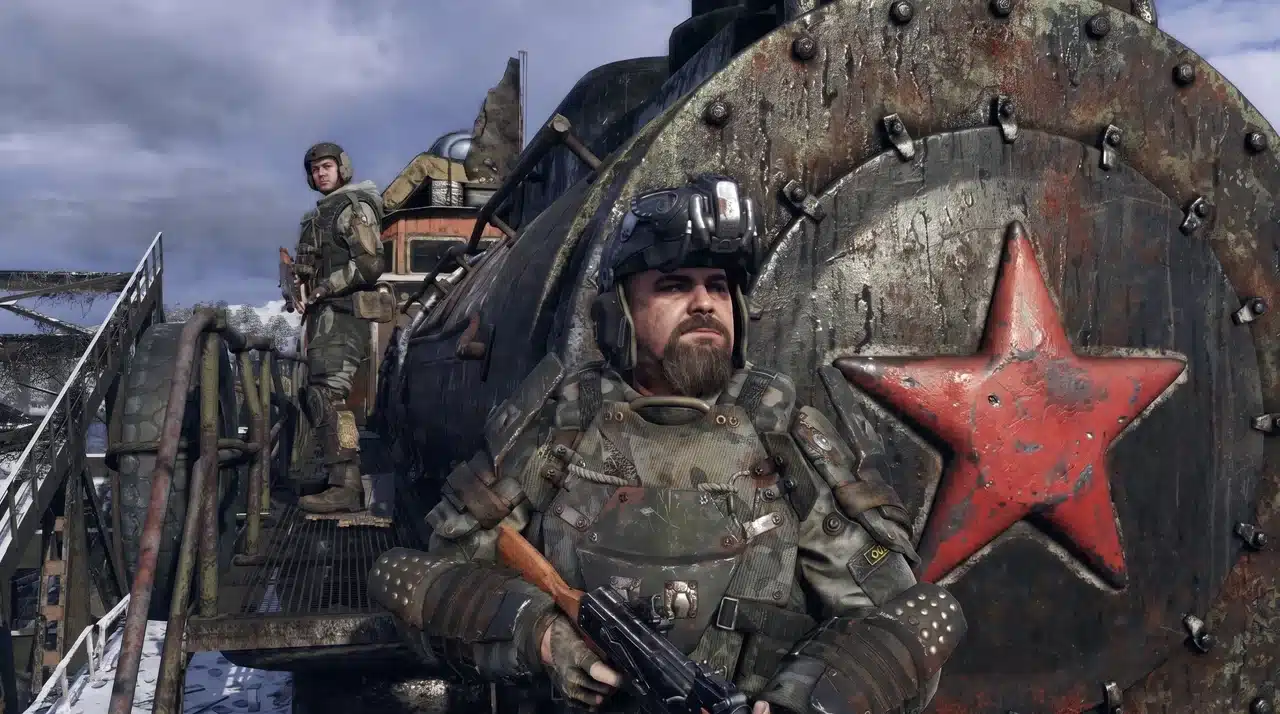 Two armed Spartan Rangers stand atop a rusted locomotive marked with a red star, scanning the horizon.