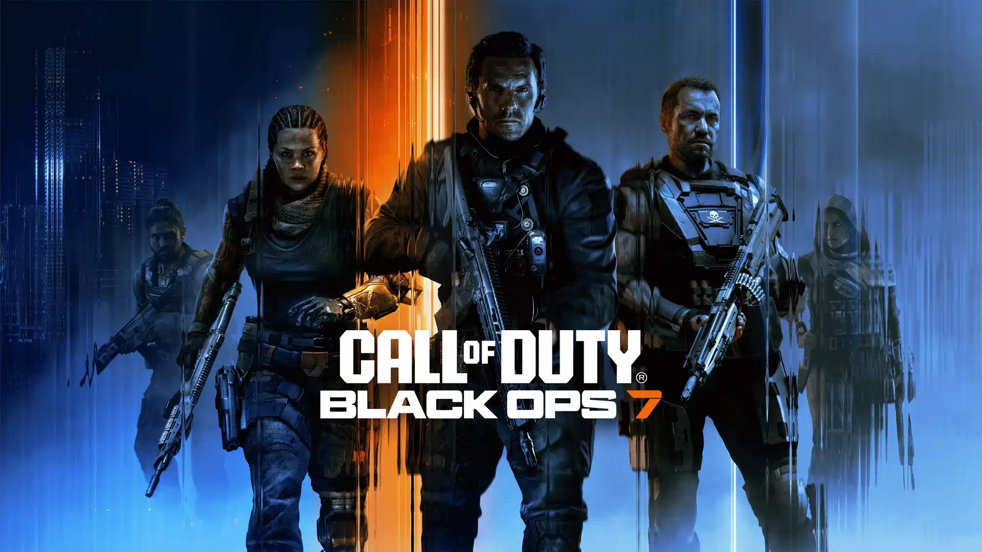 Official key art for Call of Duty: Black Ops 7 showing armed soldiers standing side-by-side with the game logo.