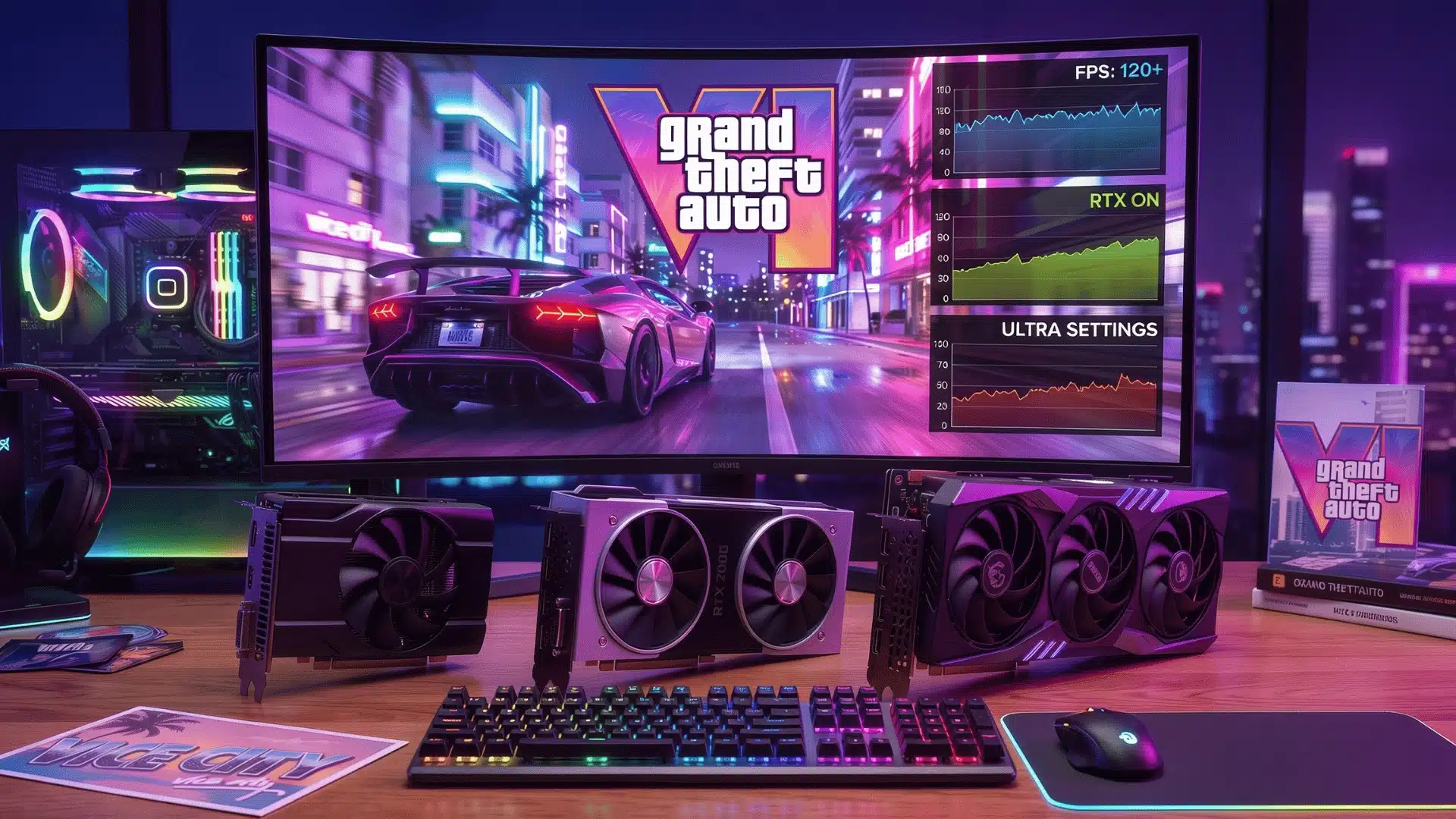 Three graphics cards displayed before a monitor showing GTA gameplay and performance charts
