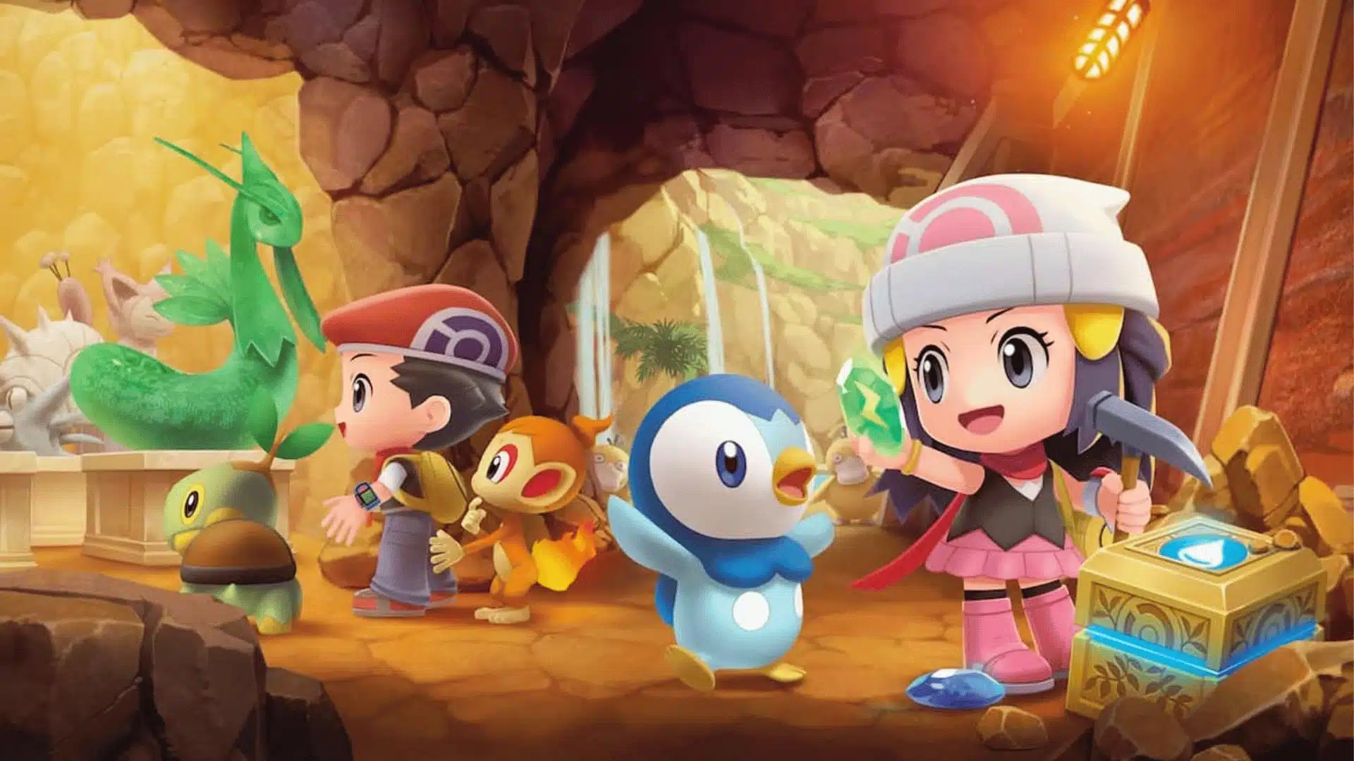 Trainers explore a cave with Turtwig, Chimchar, and Piplup while mining crystals in Pokémon Brilliant Diamond.