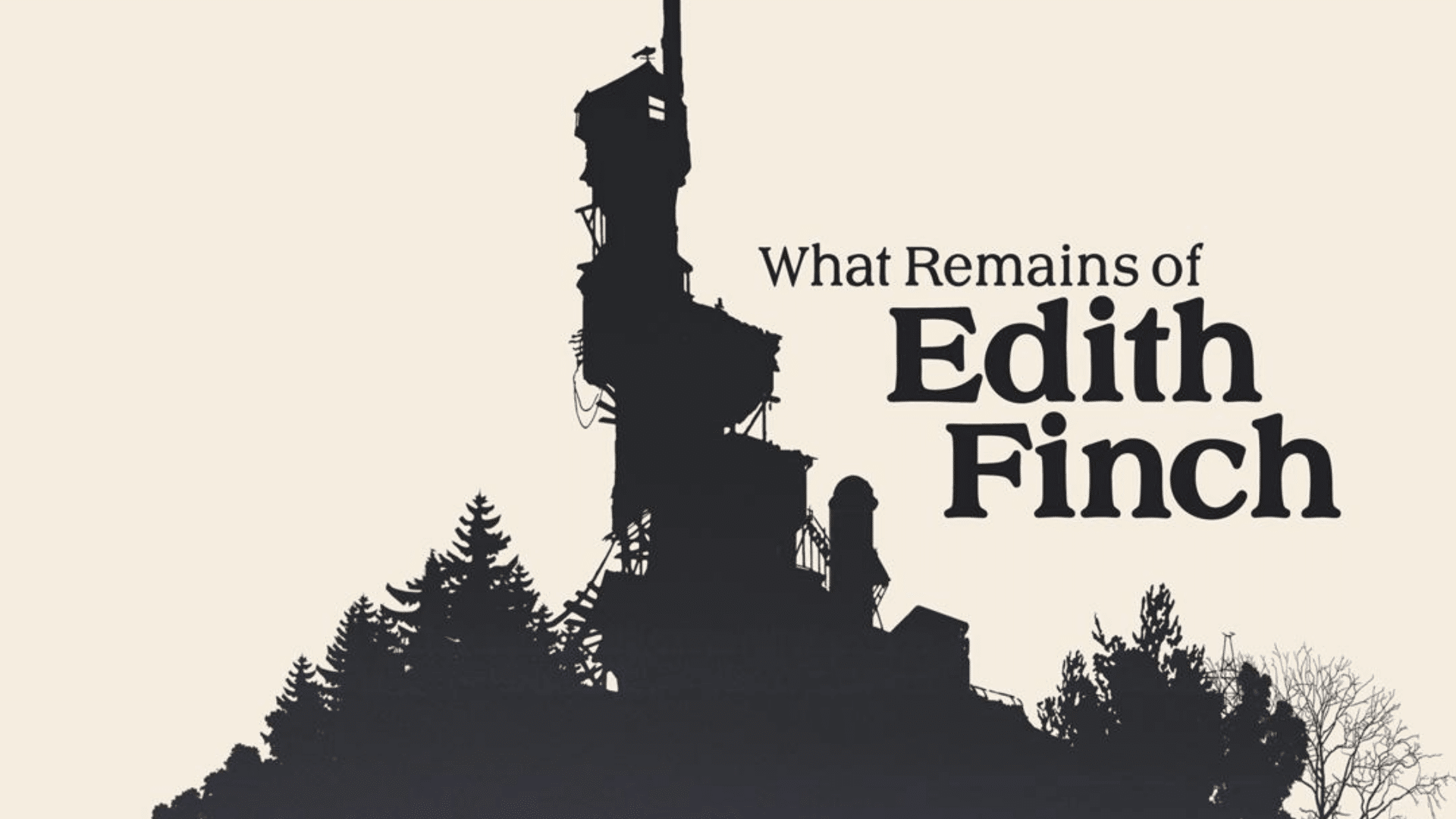 A stark black silhouette of a tall, eccentric house next to the text