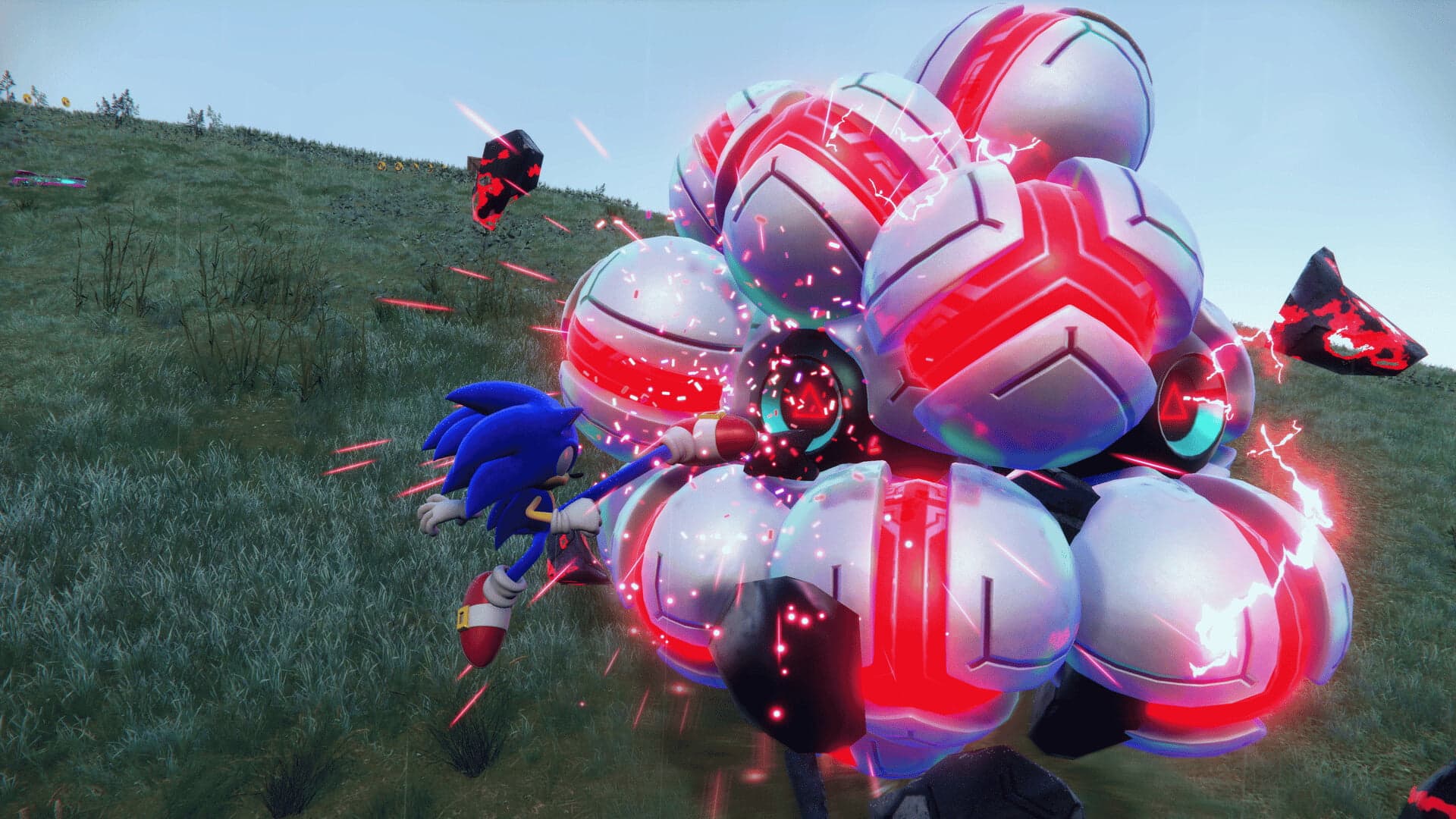 Sonic battling a glowing enemy in Sonic Frontiers combat across the grassy open-zone landscape.