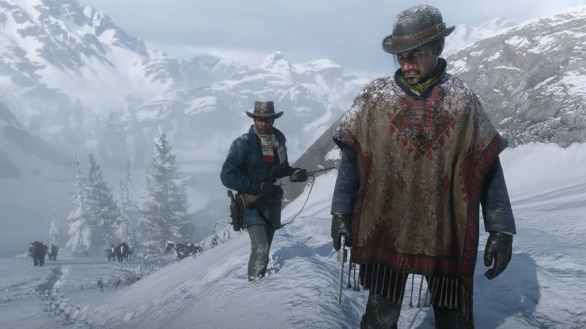 Red Dead Redemption 2 characters walking through a snowy mountain landscape
